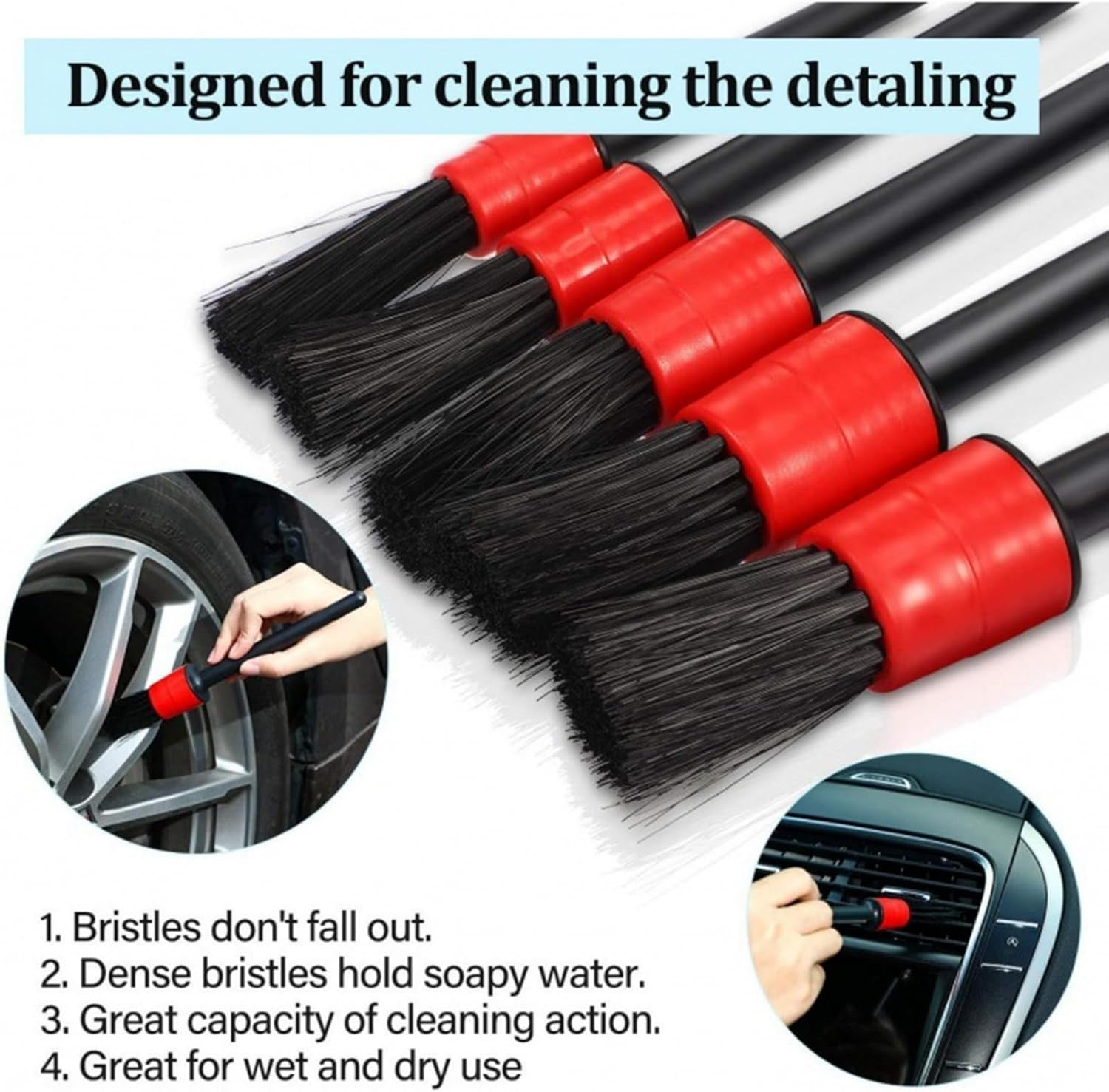 5 Piece Car Detail Brush Interior Cleaning Set Comes with 5 Different Sizes of Soft, Detail Cleaning Brushes for Cleaning the Interior and Exterior of Your Car, Dashboard, Engine, Seats