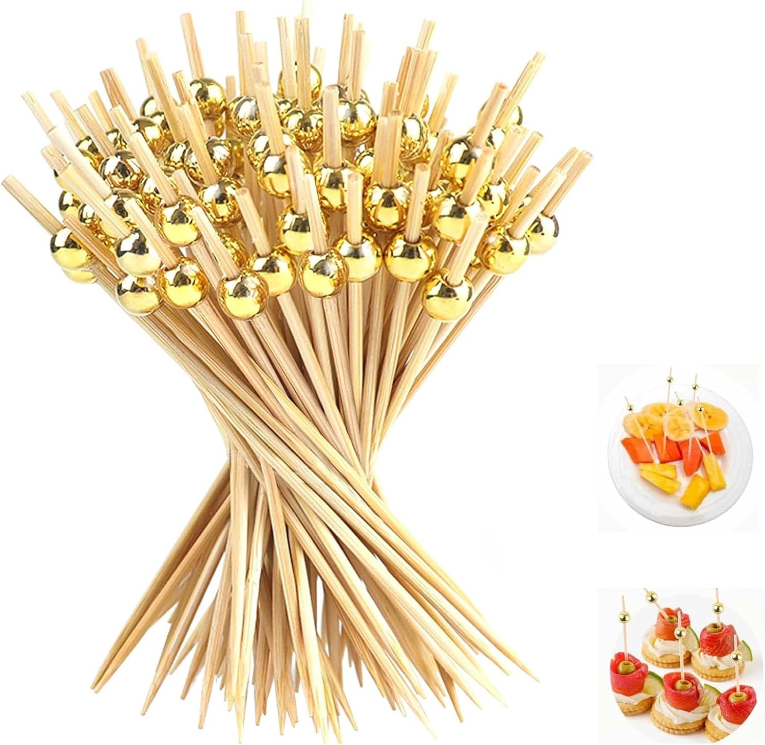 DONHUA 200Pcs Bamboo Cocktail Picks for Appetizers, Drinks, Desserts, Charcuterie - Gold Pearl Mini Food Toothpicks Fruit Sticks image number 1