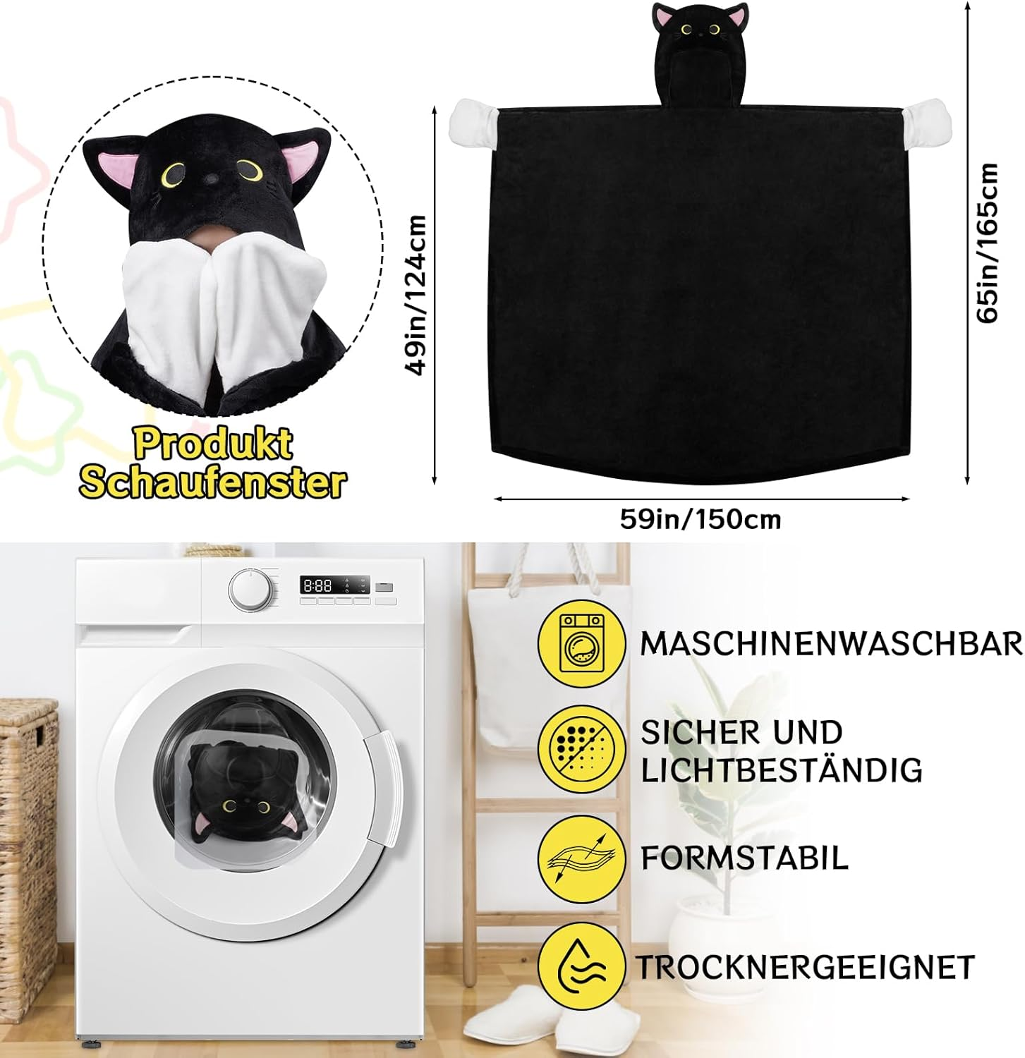 MUFEIRUO Portable Blanket, Black Cat Portable Hooded Blanket, Cosy Flannel Fleece Hoodie Throw Coat Wrap for Winter image number 4