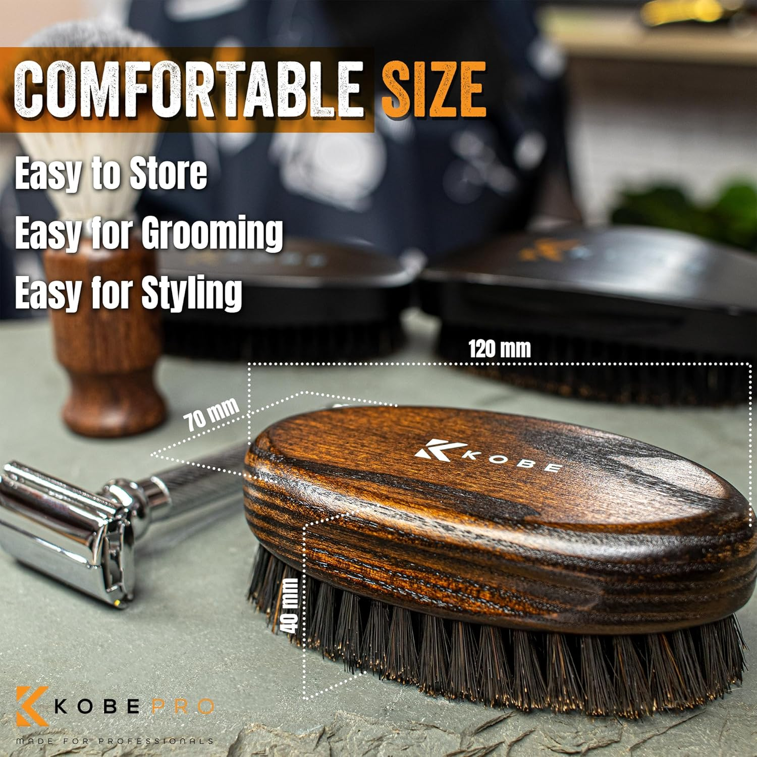 Kobe Palm Men'S Dark Wood Oval Military Hair Brush - Hand Sized Grooming Tool with Natural Boar and Nylon Mix Bristles for Hair and Beard image number 3