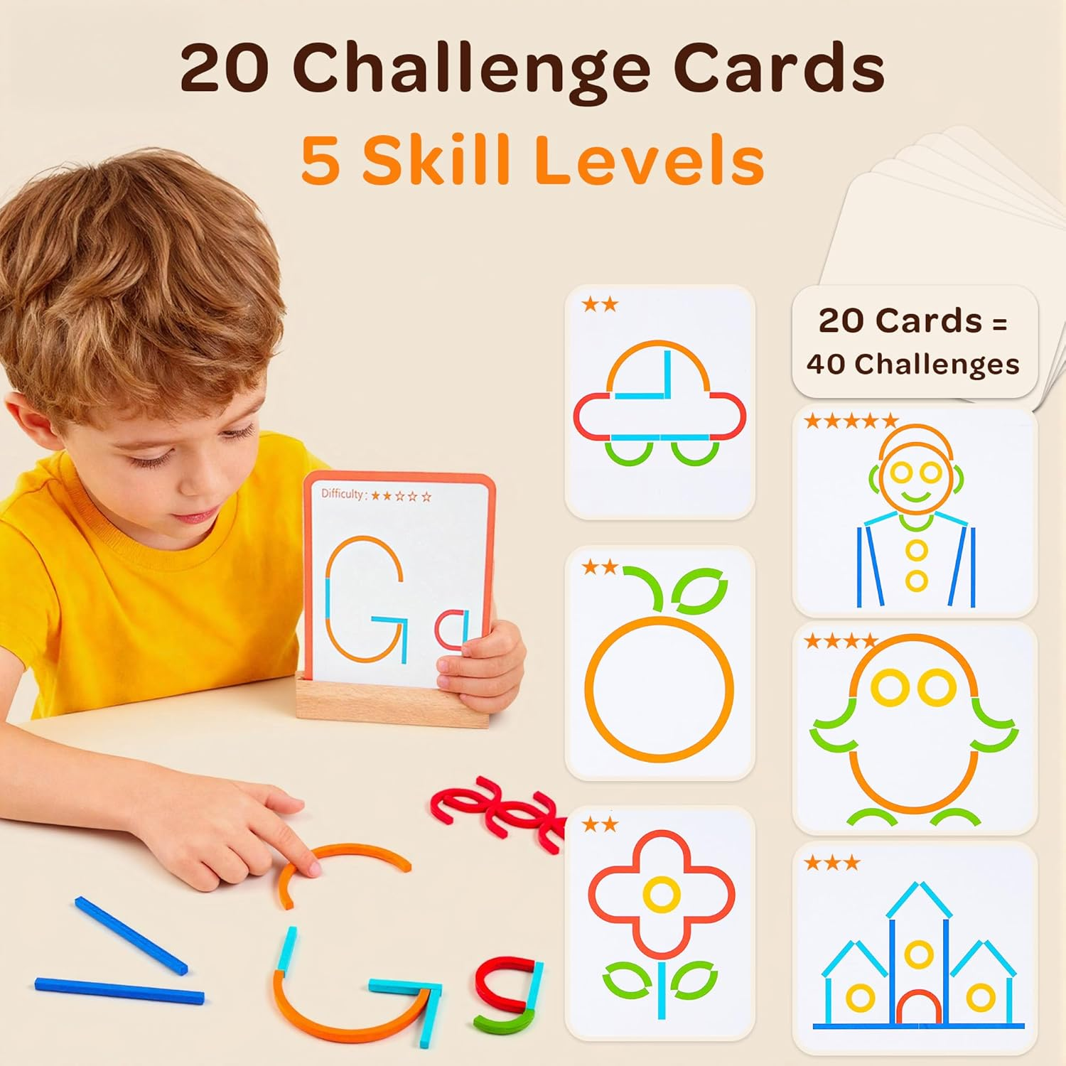 Montessori Smart Sticks and Rings Set with Challenge Cards, 120PCS Creative STEM Kit with Wooden Pattern Blocks for Kids, Preschool Learning Activities and Classroom Use image number 3