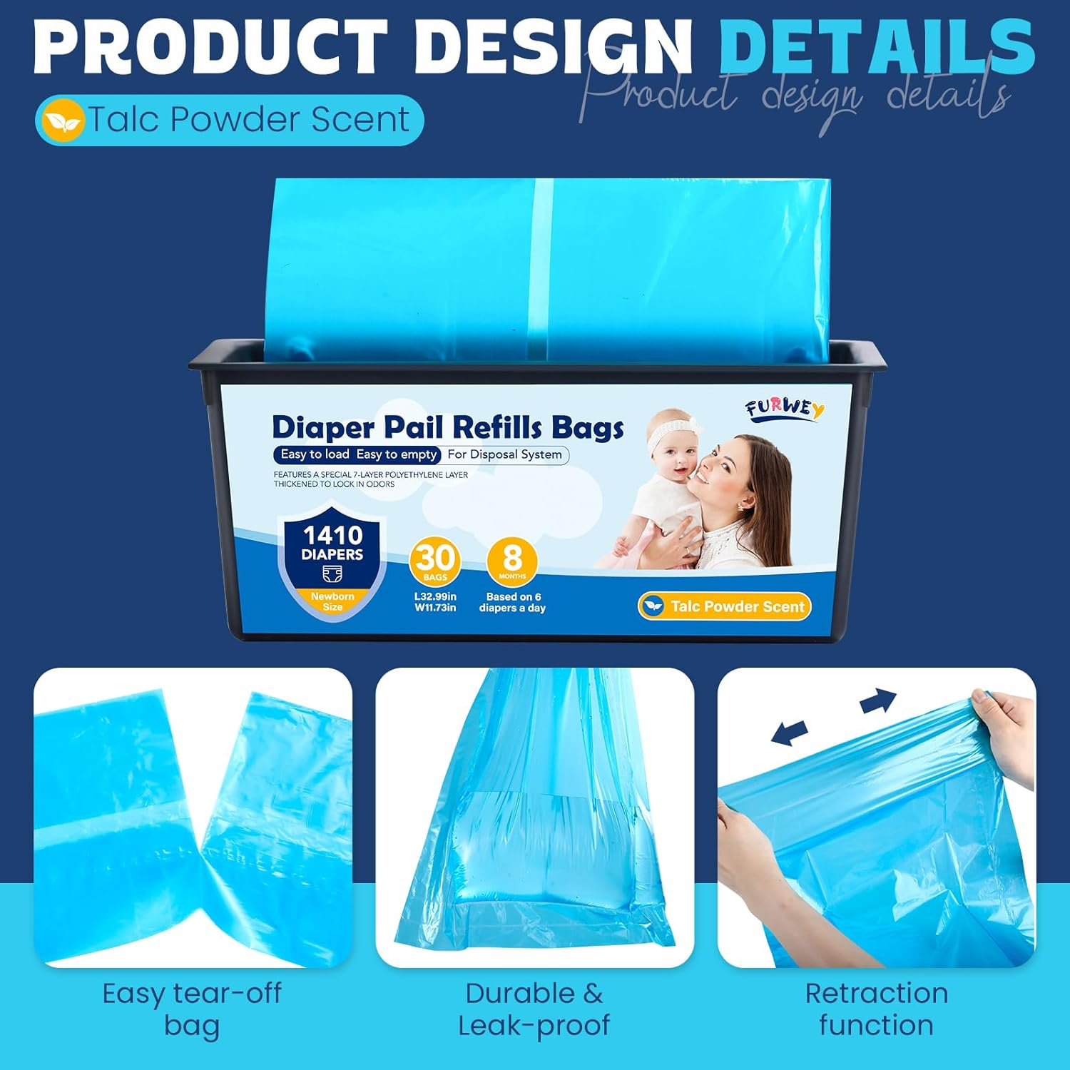 Diaper Pail Refill Bags 30 Bags per Refill Holds up to 5640 Newborn Diapers 7 Layer Odor Barrier Technology 4PACK (120 Bags) image number 1