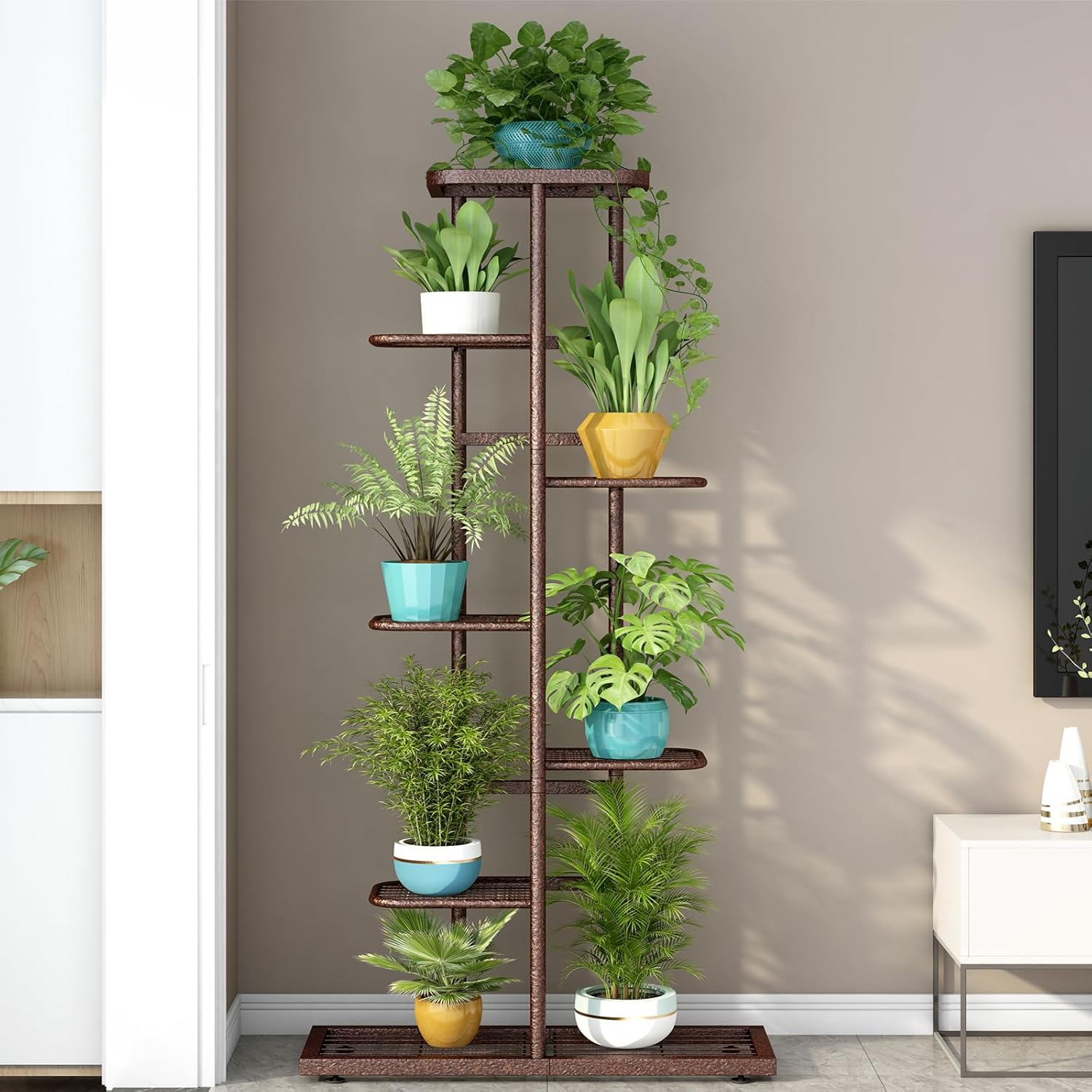 LINZINAR Plant Stand Metal 7 Tier 8 Potted Multiple Flower Pot Holder Shelf Indoor Outdoor Planter Display Shelving Unit for Patio Garden Corner Balcony Living Room, Bronze image number 6