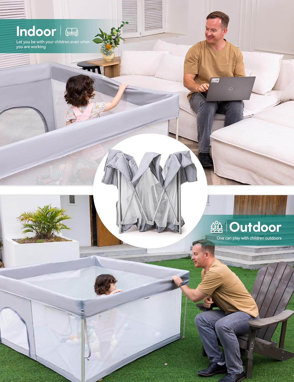 BABELIO Foldable Baby Playpen with Mat, 127 &times; 127 CM Portable Playard for Babies and Toddlers, Parents' Picks Awards Winner, Indoor & Outdoor Kids Safety Play Pen Area, Travel Fence, Grey