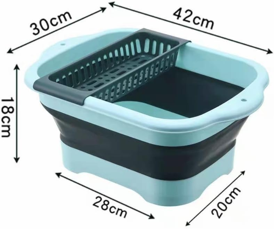 Collapsible Dish Basin with Draining Rack- 11L Foldable Bucket Sink Tub Portable Multifunctional Hang Basket, Space Saving Plastic Basin for Outdoor Camping, Vegetable Washing Kitchen Storage - Blue image number 6