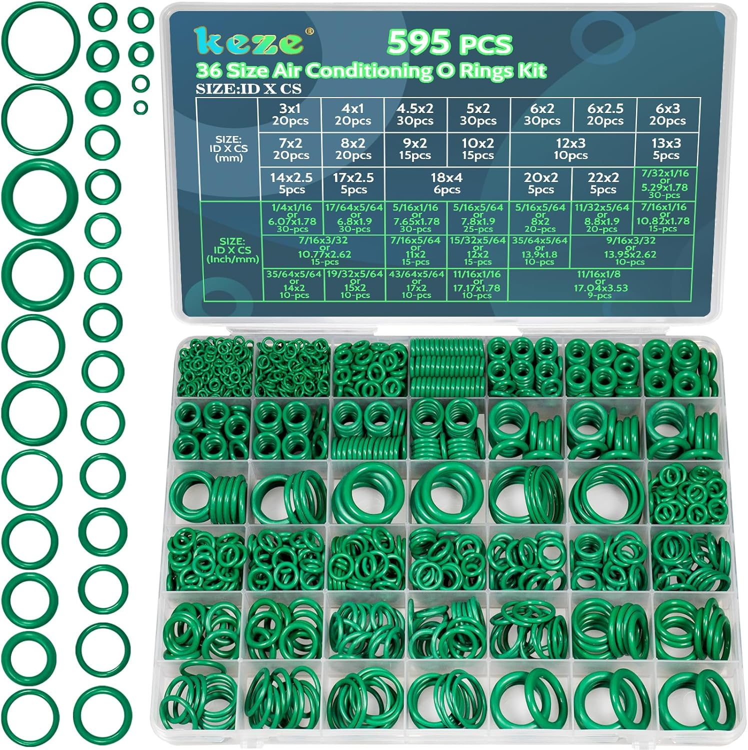 KEZE 595 Pcs Metric and SAE Air Conditioning O Ring Kit,36 Size Seal Rubber O-Rings Assortment Set for Compressor Automotive A/C Plumbing Repair Id:3-22Mm (Green) image number 1