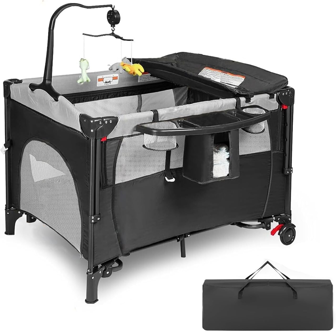 Portable Baby Crib, Foldable Baby Portacot, 4 in 1 Portable Nursery Cente, Foldable Travel Playard with Changing Table, Bassinet, Soft Mattress, Hanging Toys and Carry Bag image number 2