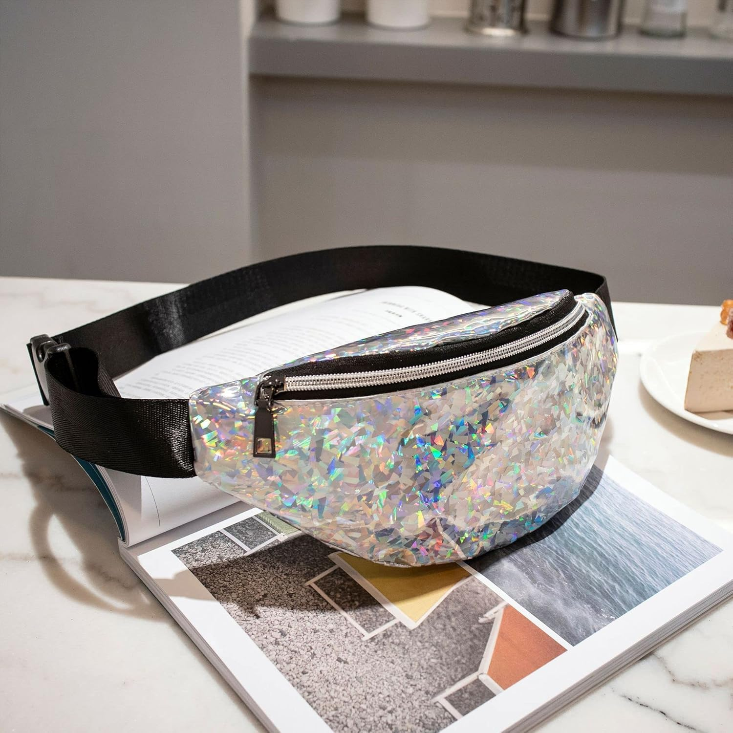 80S 90S Rave Stars Neon Transparent Gravel Fanny Pack for Women - Great Waist Pack for Games, Concerts, Rave, Festival, Travel (White, One Size) image number 5