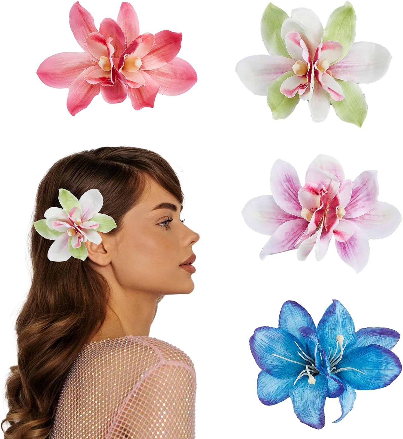 NICENEEDED 4 PCS Hawaiian Flower Hair Clips for Women, Artificial Orchid Hair Barrettes Hibiscus Tropical Decorations, Boho Clip for Wedding Bridal Beach Party image number 4