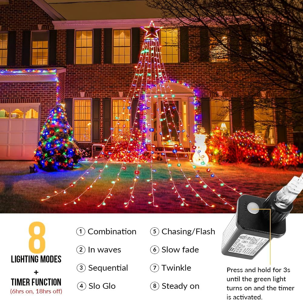 WOTOW Christmas String IP65 Waterfall Lights with 317 LED Star Hanging Twinkle Fairy Curtain Lights for Party Wedding Patio Indoor Outdoor Decorative Water Flow Lights Multi-Color image number 2
