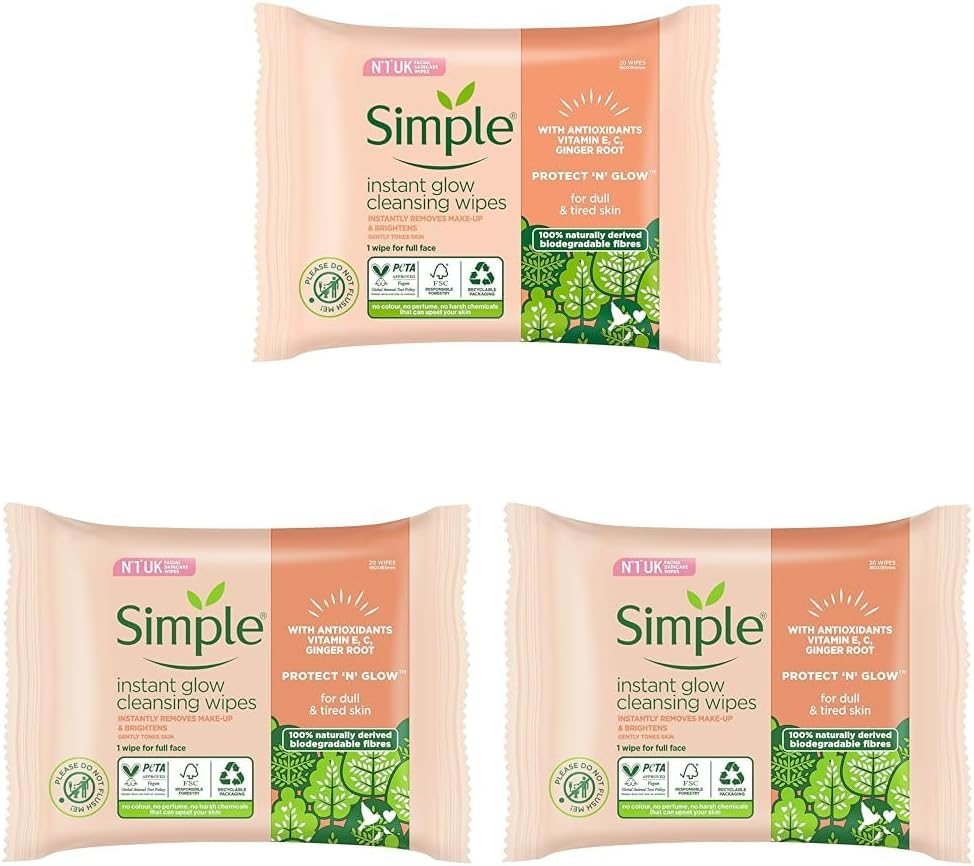 Simple Facial Wipes Protect N Glow Cleansing Bio 20 EA (Pack of 3) image number 2