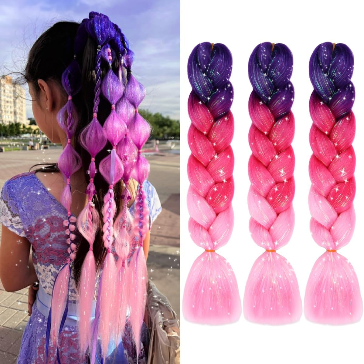 Ombre Jumbo Braiding Hair Extensions with Sparkling Hair Tinsel Strands Jumbo Braiding Hair Extensions High Temperature Fiber Crochet Twist Braids 24Inch 3Pcs/Lot (C26)
