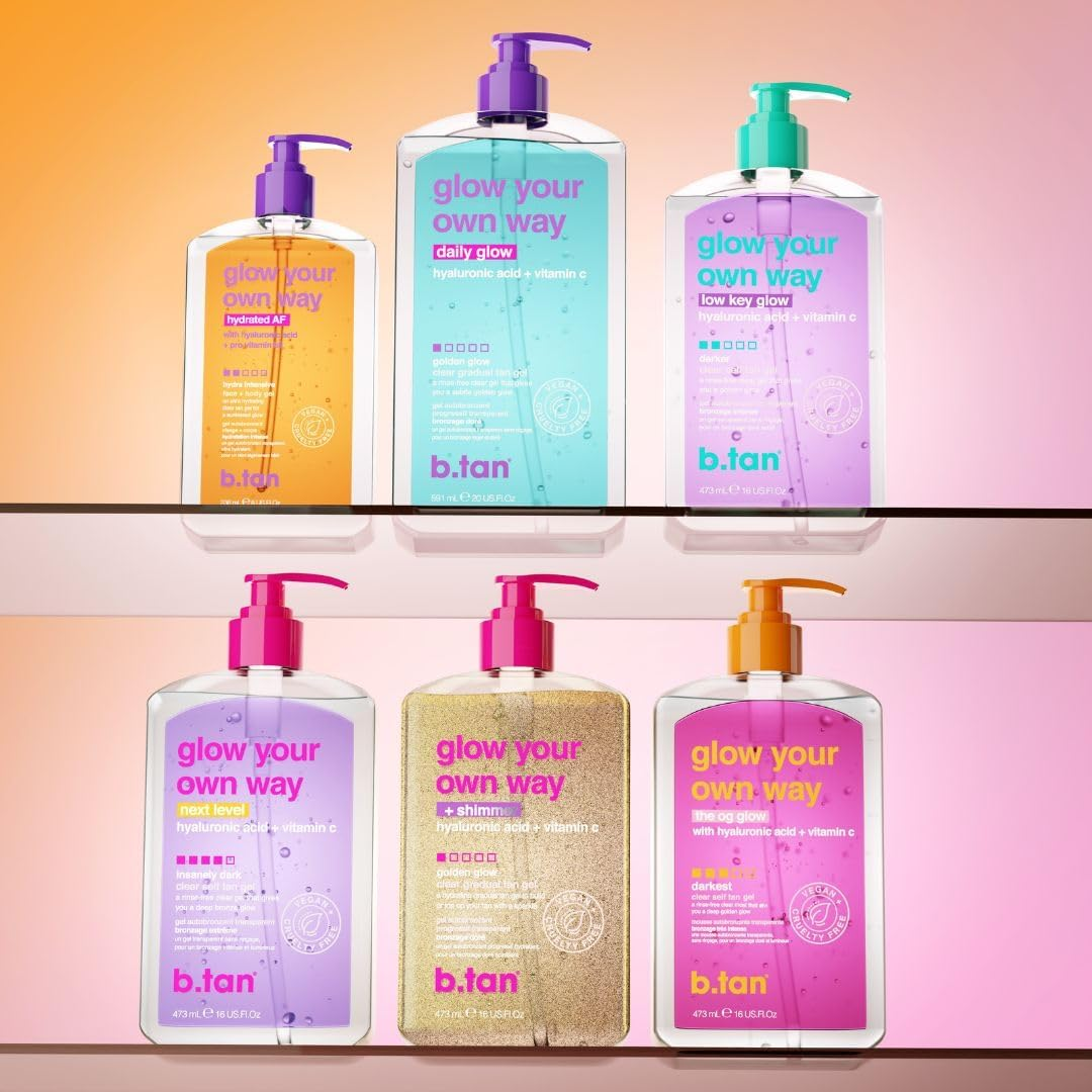 B.Tan Clear Gradual Self Tan Gel | Glow Your Own Way Shimmer - Sunkissed Golden Bronze, Transfer Free, Best Extender, Moisturizing, Non Toxic Sunless Tanning Lotion, No Fake Tanner Smell, 16 Fl Oz