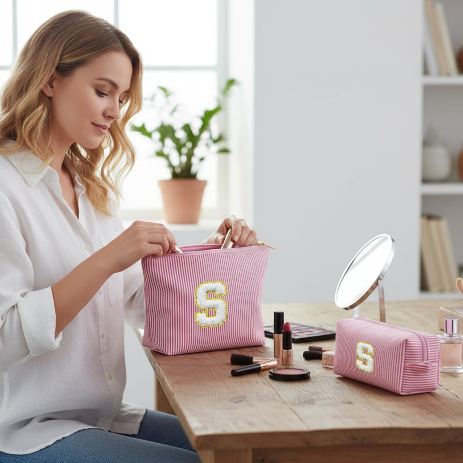 VLYX Personalized Make up Bag - Large Capacity Cosmetic Bags for Women A-Z Initials, 2 Pack - Portable Toiletry Bag, Birthday Gifts Idea, S image number 4