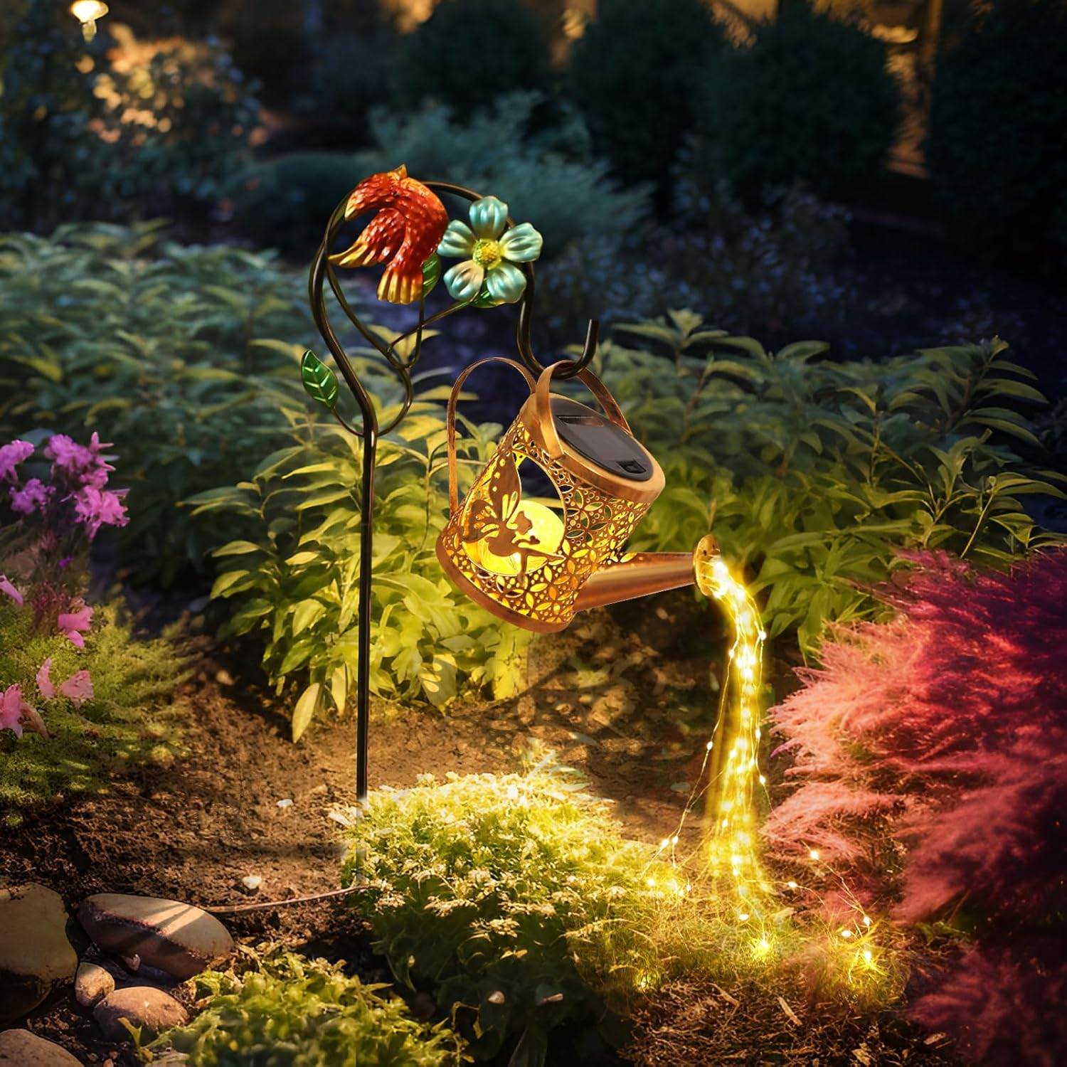 Solar Lights Outdoor Garden Decor Solar Watering Can with Crackle Glass Lights Waterproof Metal Hanging Fairy Lantern for Patio Lawn Yard outside Decorations- Unique Gift Ideas for Gardening image number 3