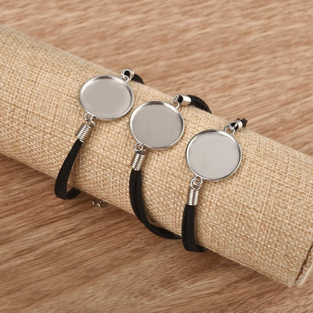 DROLE 40Pcs Black Leather Cabochon Bracelet Blanks-20Pcs 20Mm Cabochon Bezel Tray Blank Bracelets with 20Mm Cabochon Black Bracelet Chain for Jewelry Making Silver Base image number 4