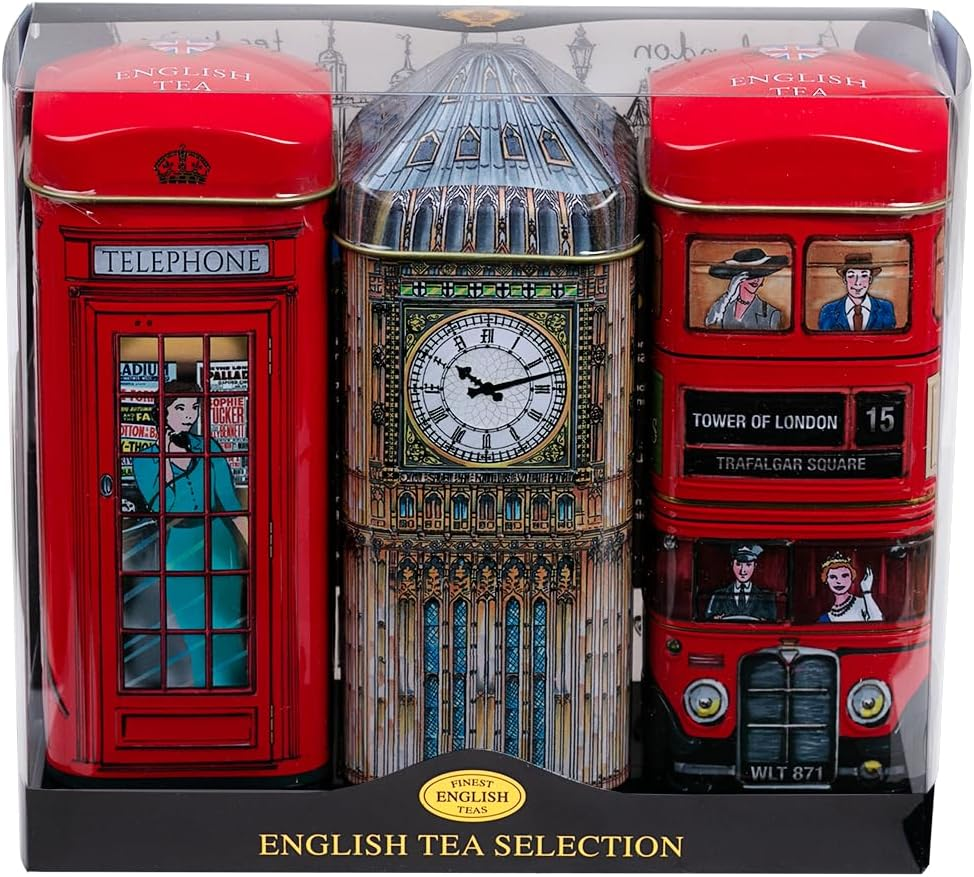 New English Teas British Souvenir 3X Tea Tins with 42 English Breakfast Teabags - Big Ben, London Bus, Telephone Box, UK Foods image number 1
