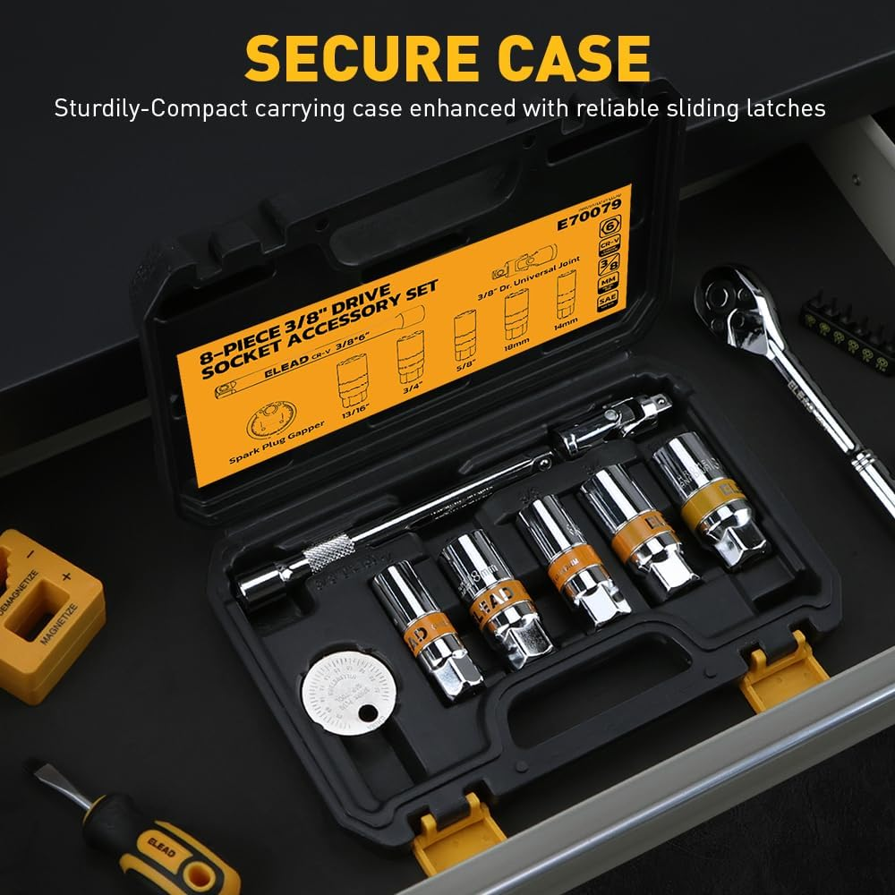 8-Piece 3/8" Drive Spark Plug Socket Set with Universal Joint, Spark Plug Gapper and 6" Extension Bar, SAE & Metric, 5/8", 3/4", 13/16", 14Mm, 18Mm, CR-V Sockets with Rubber Holding Rings image number 3