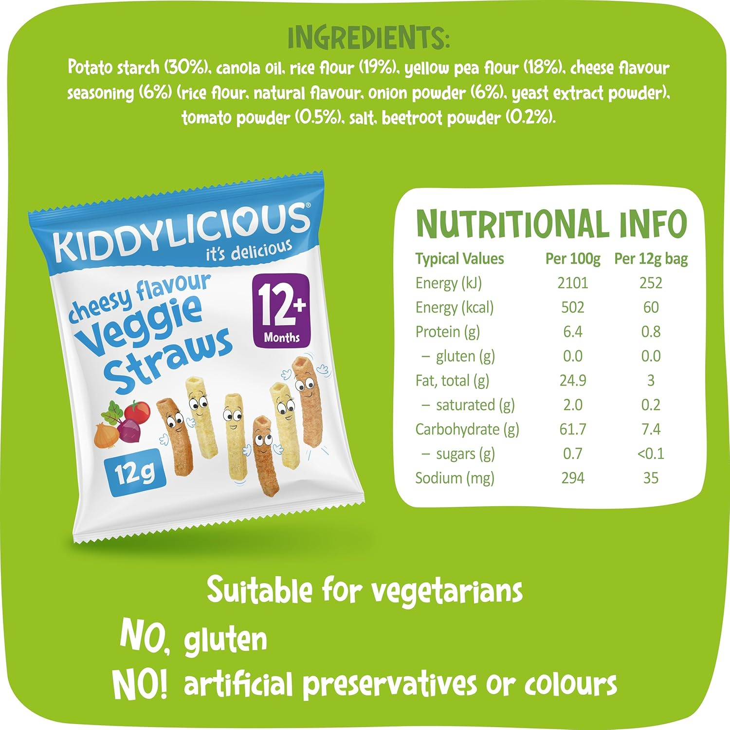 Kiddylicious - Cheesy Veggie Straws - Delicious Snacks for Babies - Suitable for 12+ Months - 4X12G - 48G image number 2