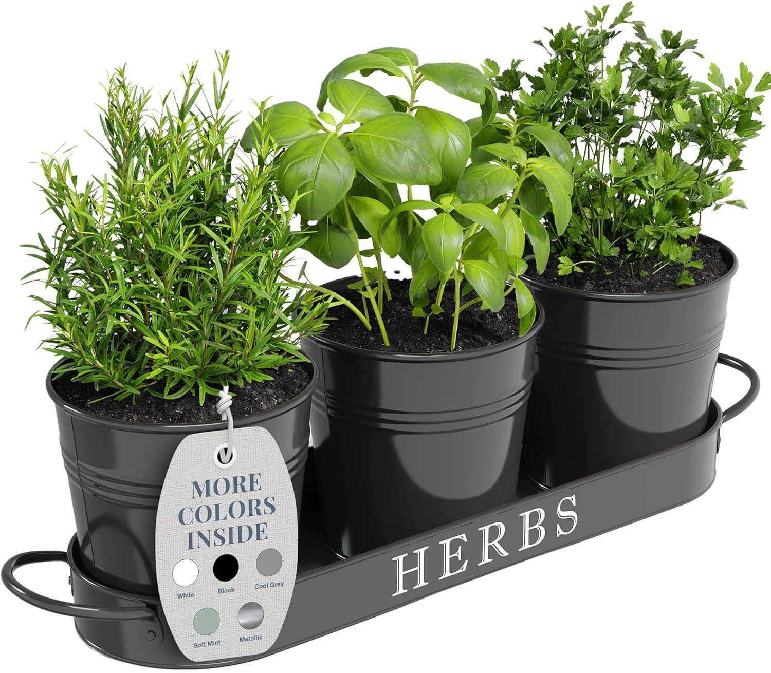 Barnyard Designs Indoor Outdoor Herb Garden Planter Set with Tray, Metal Windowsill Herb Pots, Black, Set/3