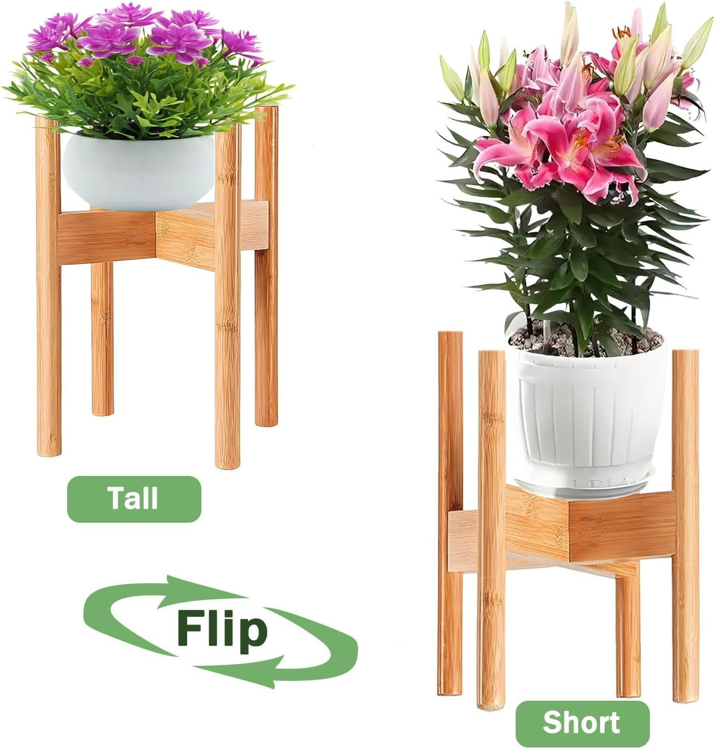 Adjustable Indoor Plant Stand, Small Corner Bamboo Wooden Planter Stand, Single Floor Planter Holder, Mid Century Modern Plant Shelf for Living Room Balcony Bedroom, Fits 8-11In Flower Potts