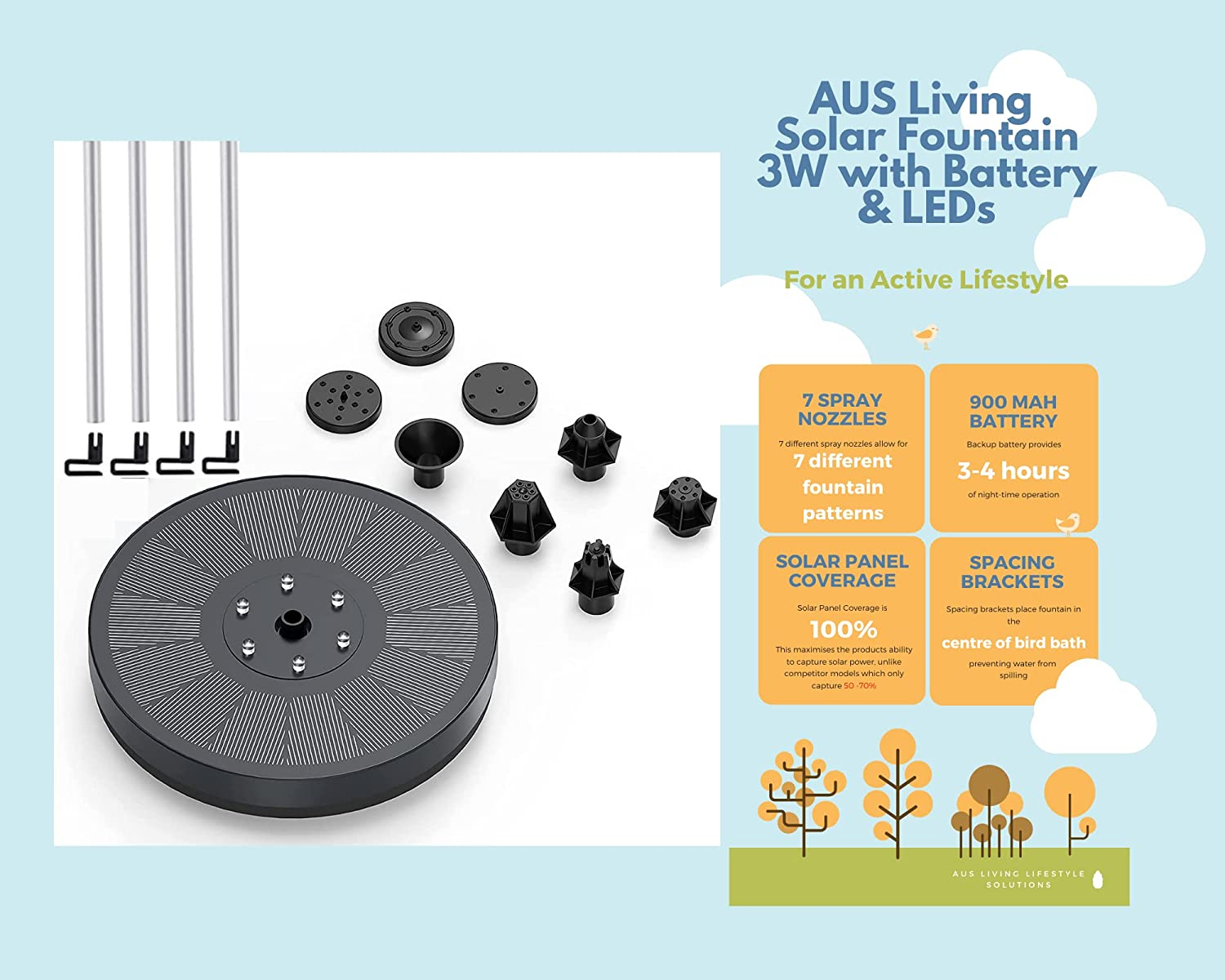 AUS Living Solar Fountain 3W with Battery & Leds, Floats in Bird Bath, Water Feature for Garden, Pool, Outdoor Pond. Simple to Use, No Power Cables Required image number 4