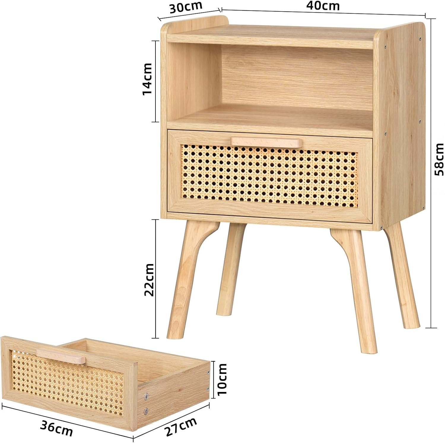 LELELINKY Rattan Nightstand, Small Side Table with Wooden Drawer and Open Shelves, Bedside Table with Solid Wood Legs, Living Room Sofa End Table, Bedroom Night Stand image number 2