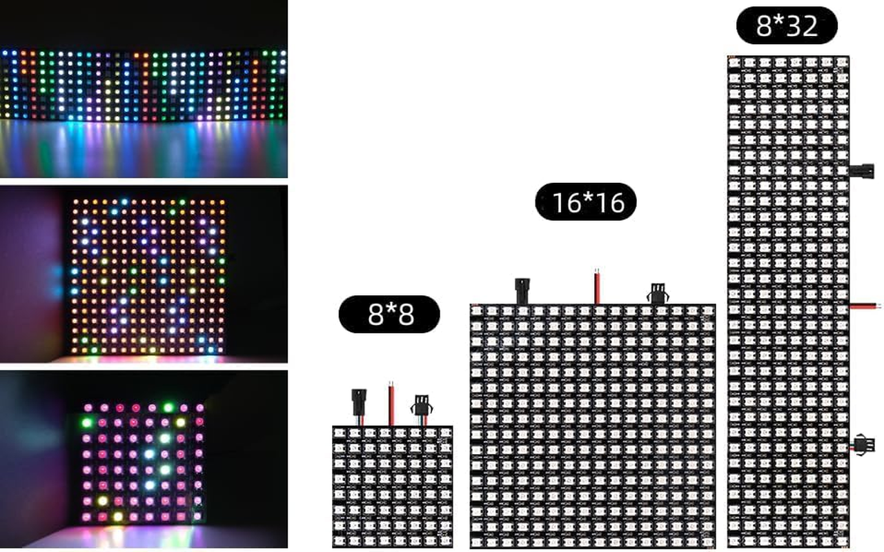 WS2812B LED Matrix Panel, 8X8 Digital RGB Pixels, Pre-Wired Connectors, Black PCB (&lrm;8X8 64 Pixels)