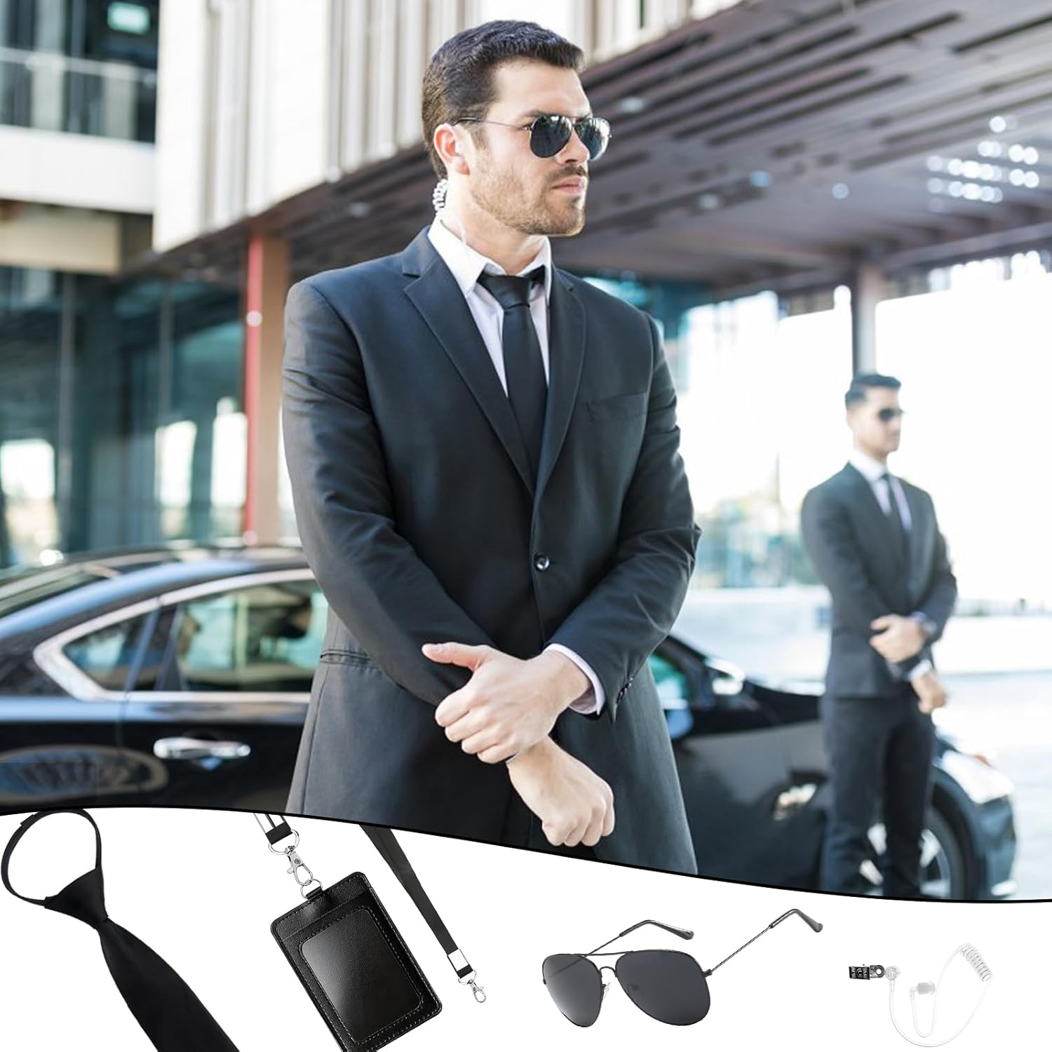 5 Pcs Agent Accessories Set, Security Guard Cosplay Kit with Sunglasses, Tie, Card Holder, Earpiece Tube for Adults, Kids Cosplay Dress up Party