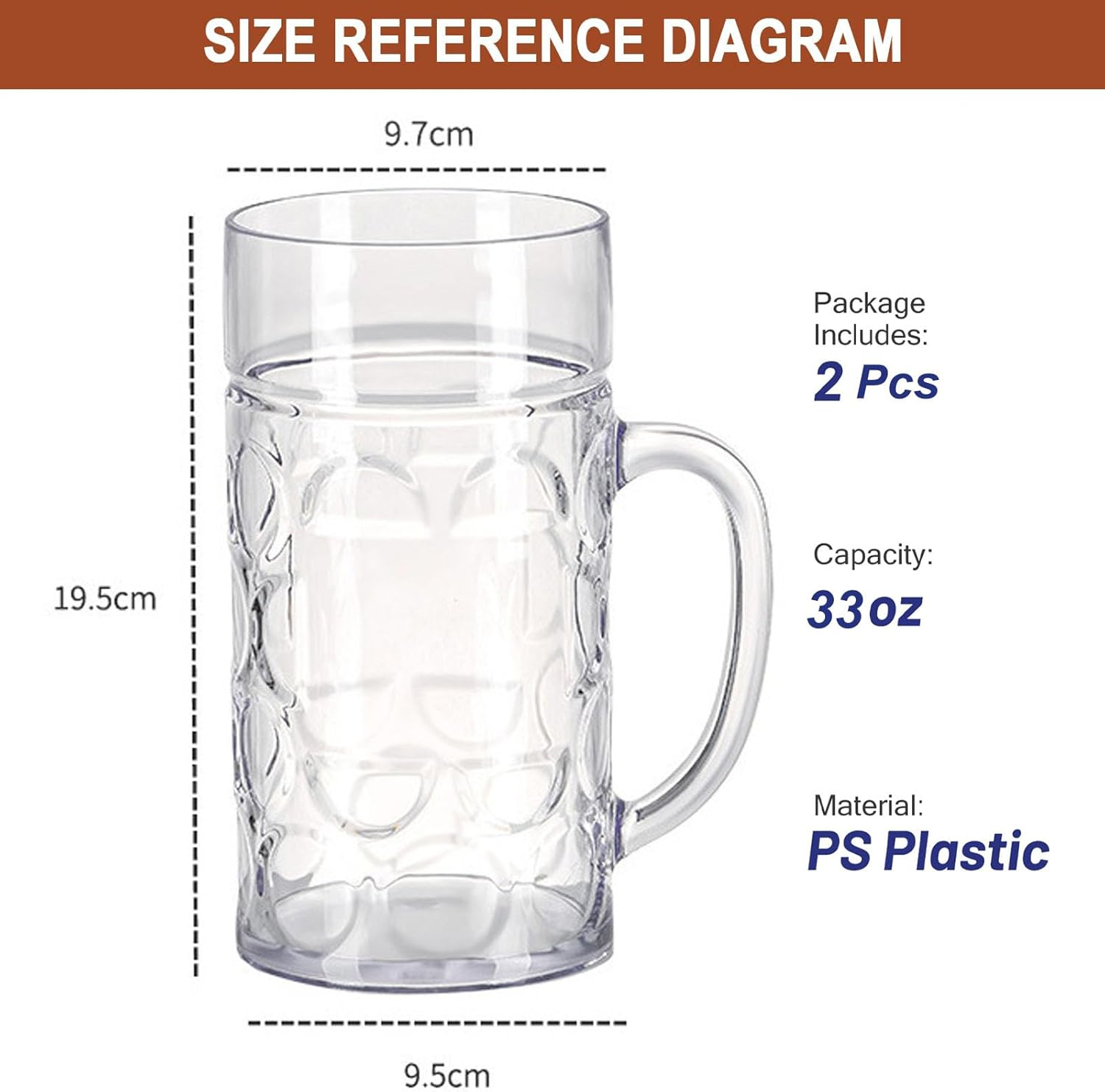 AXIM Plastic Beer Mugs with Handle,2 Pack 33Oz Clear Resuable Beer Stein Drinking Cups for Freezer,Large Beer Mugs for Men image number 1
