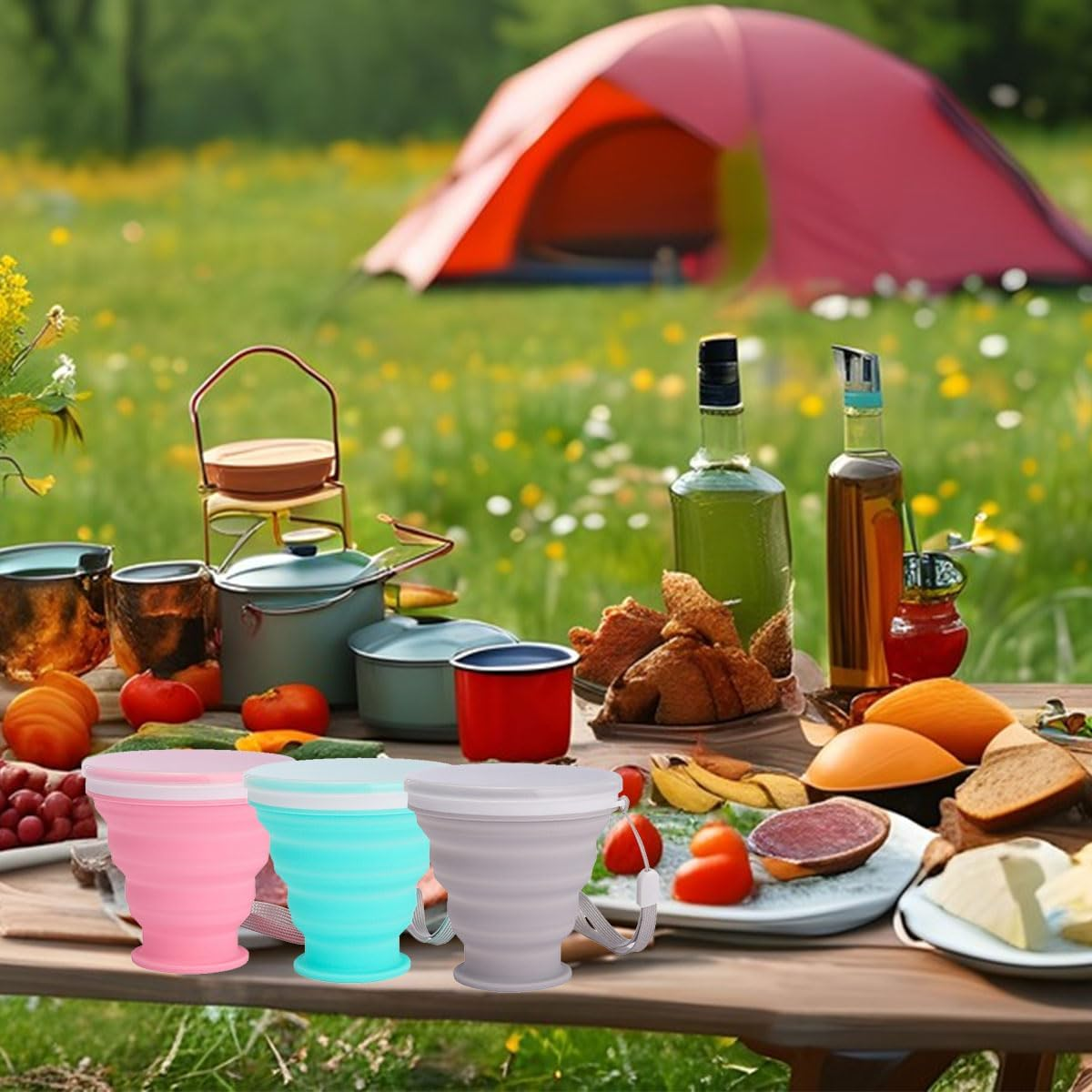 Pack of 3 Foldable Silicone Cups with Lid Outdoor Camping Folding Cup Reusable Foldable Cup for Outdoor Camping Picnic Hiking Travel image number 2