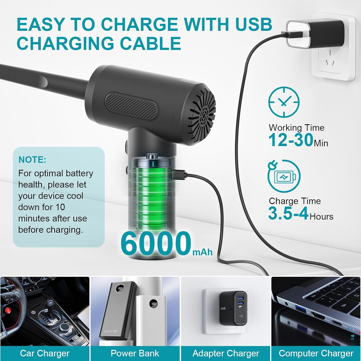 Compressed Air Duster, Rechargeable Electric Air Duster for PC with Led Light, 3 Speeds Max 91000RPM Cordless Air Blower for Keyboard Laptop Car Office Sofa image number 6