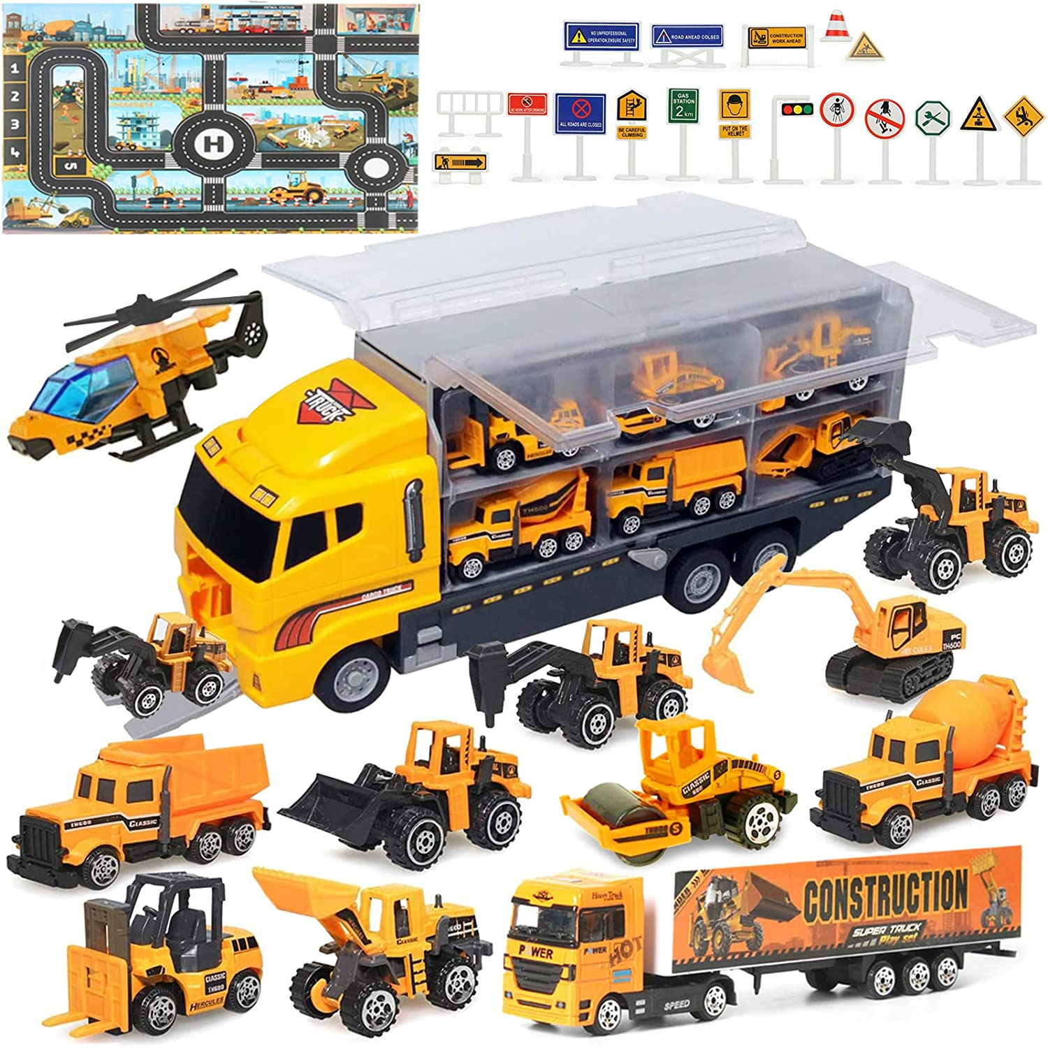 Construction Trucks 11 in 1 Vehicles with Car Met and Road Sign Sticker Car Toys for over 3 Year Old Boys image number 5