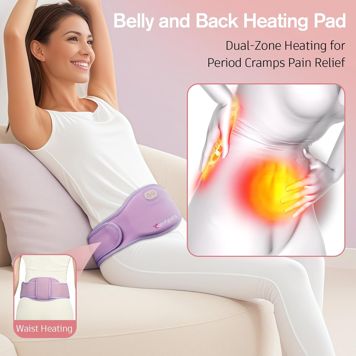 Comfytemp Portable Belly and Back Heating Pad for Period Pain Relief, 5000Mah, 3 Timer 3 Heat, Cordless Dual-Zone Menstrual Period Belt, Fast Back or Belly Heating, Present for Women Girl Mom image number 2