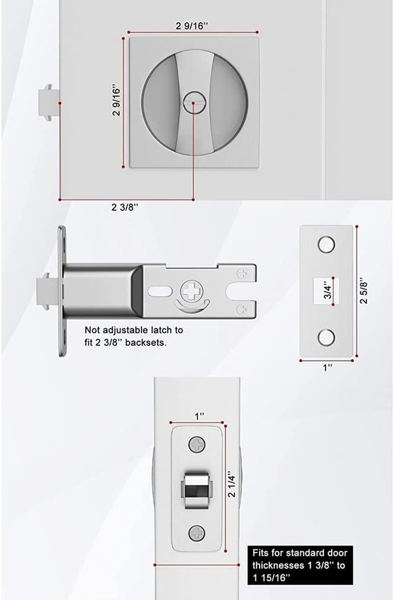 Bed/Bath Pocket Door Lock Silver Door Lock Satin Contemporary Privacy Square Pocket Door Hardware, Sliding Pocket Door image number 2