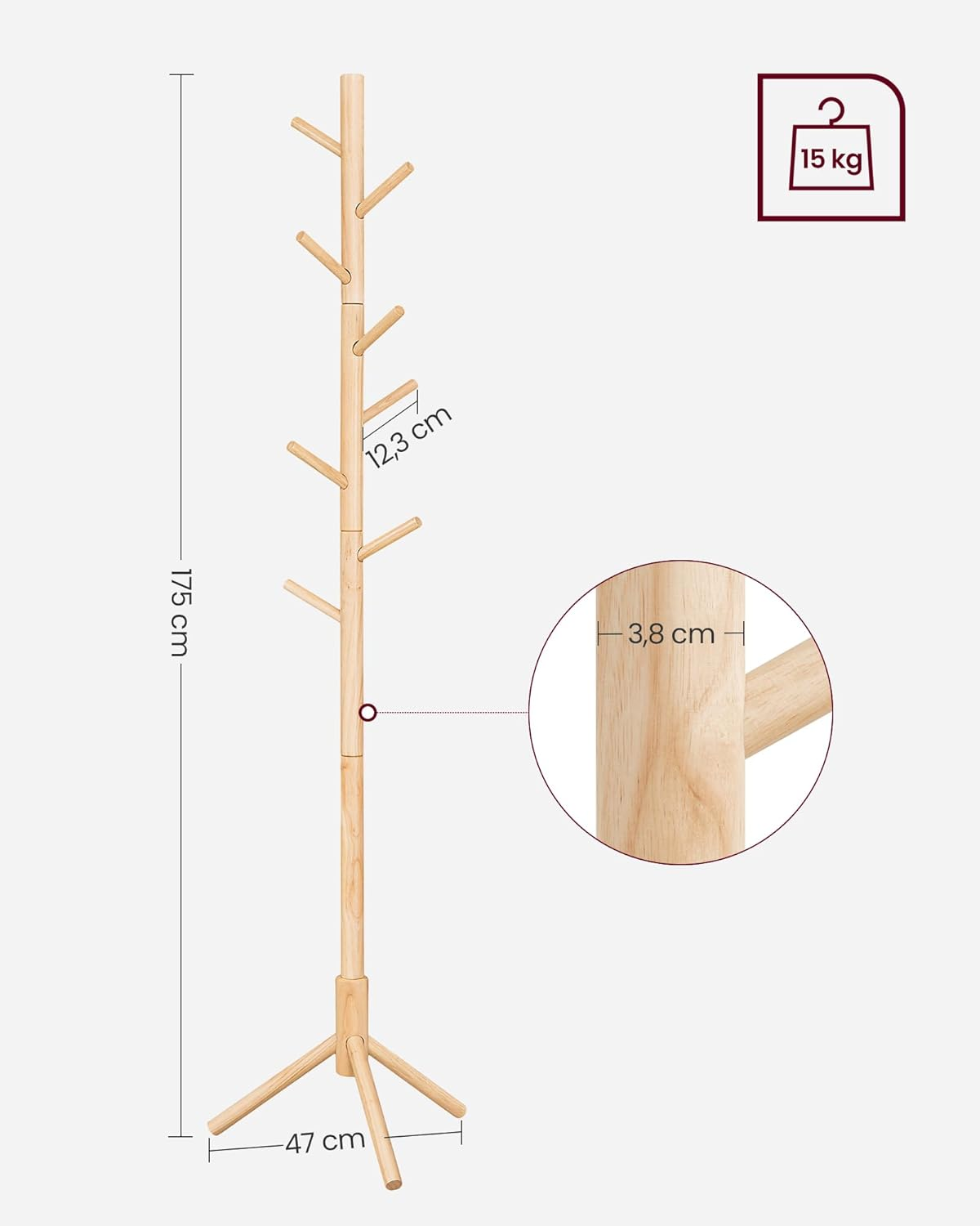 VASAGLE Coat Stand, Solid Wood Coat Rack, Tree Shaped Coat Rack, 8 Hooks, 3 Adjustable Heights, for Clothes, Hat, Bag, for Living Room, Bedroom, Office, Natural RCR004N01 image number 5