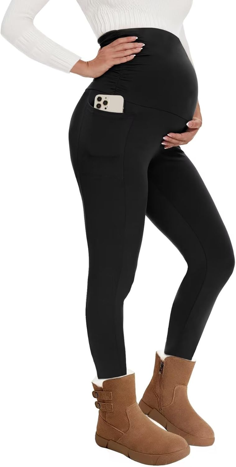 QGGQDD Women'S Thermal Maternity Leggings with Pockets High Waist Pregnancy Winter Opaque Warm Maternity Fashion Leggings Sport for Pregnant Women