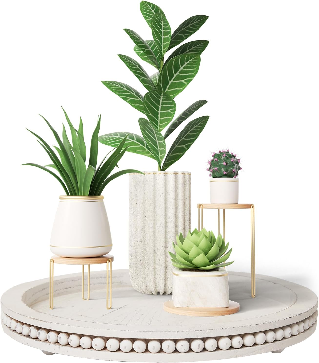 Tray Decor 12" Beaded round Decorative Trays - Rustic Farmhouse Home Decor for Coffee Table Centerpiece, Living Room, Kitchen, Bedroom - White Wood