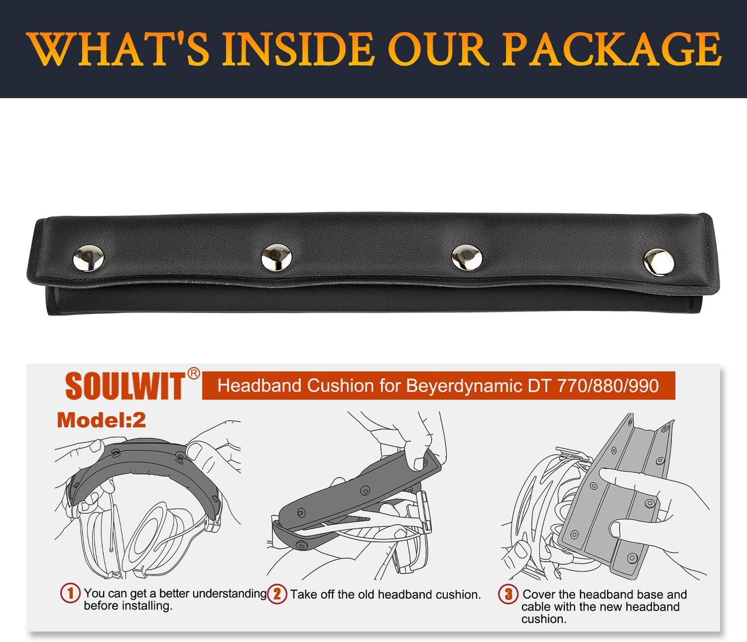 SOULWIT Replacement Headband Pad Kit for Beyerdynamic Dt770/Dt770M/Dt770Pro/Dt770 Pro HT/DT 790/DT797/DT880/DT880 Pro/Dt880 Pro HT/DT990/DT990 Pro/Hs200/Hs400/Mmx 300 (2Nd Generation) - Black image number 4