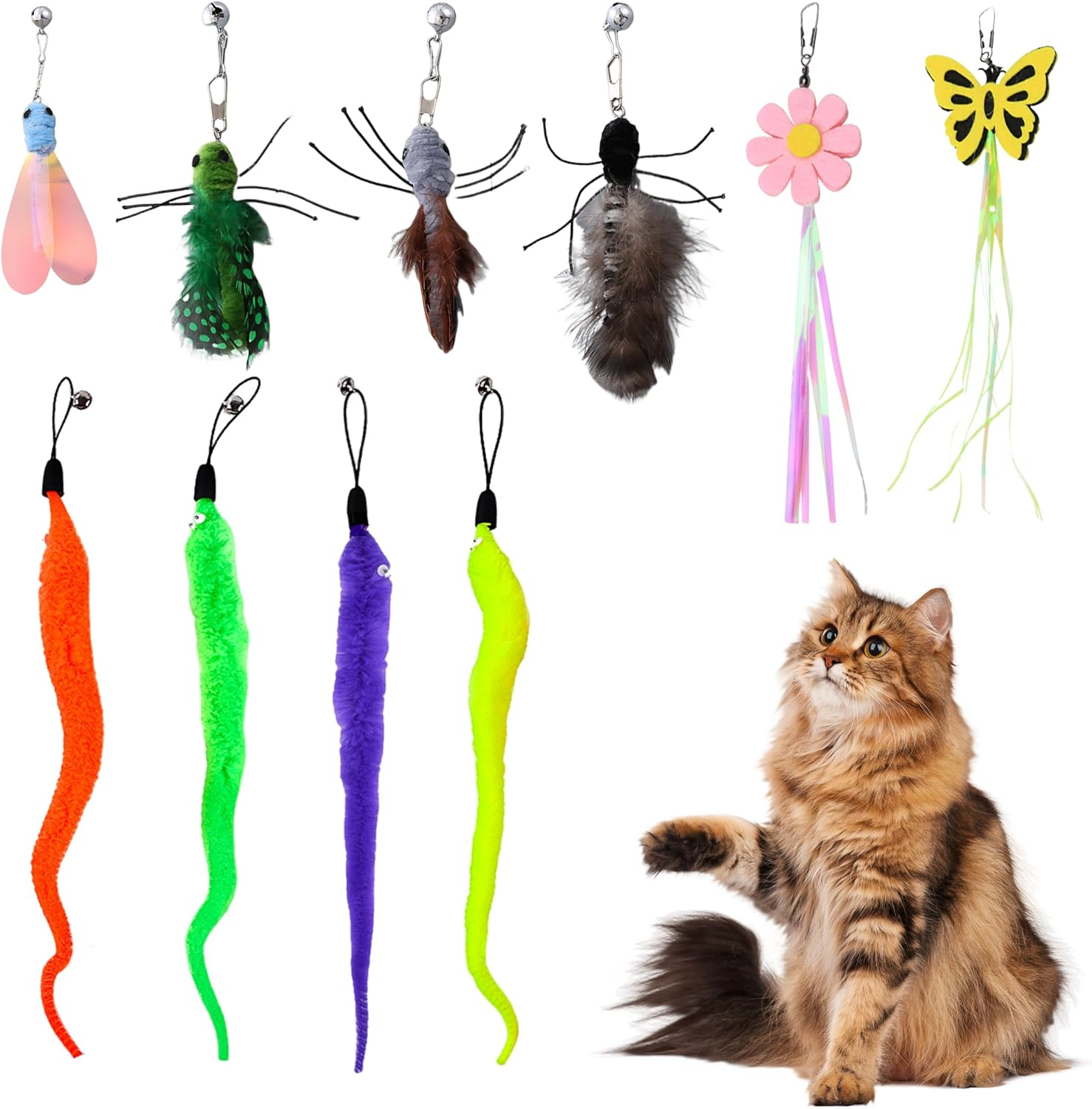 10Pcs Multicolor Cat Wand Attachments, Cat Teaser Toy Refills for Playing, Exercising, Adult Cats image number 4