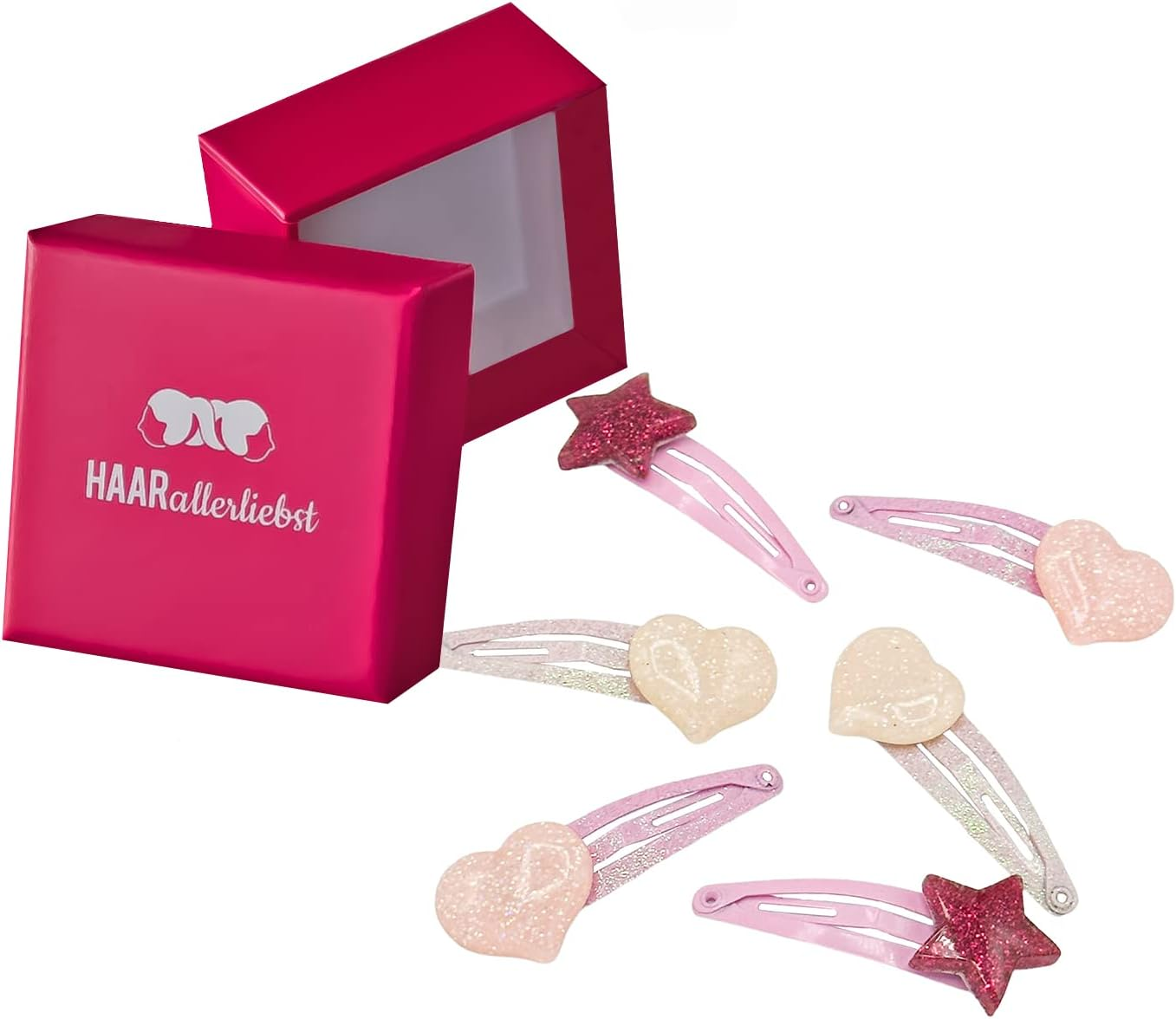 Haarallerliebst Hair Clips Set (6 Pieces | Glitter Butterflies | Colourful) for Girls with Storage Box (Rainbow - Pink) - Box Colour: Pink image number 2