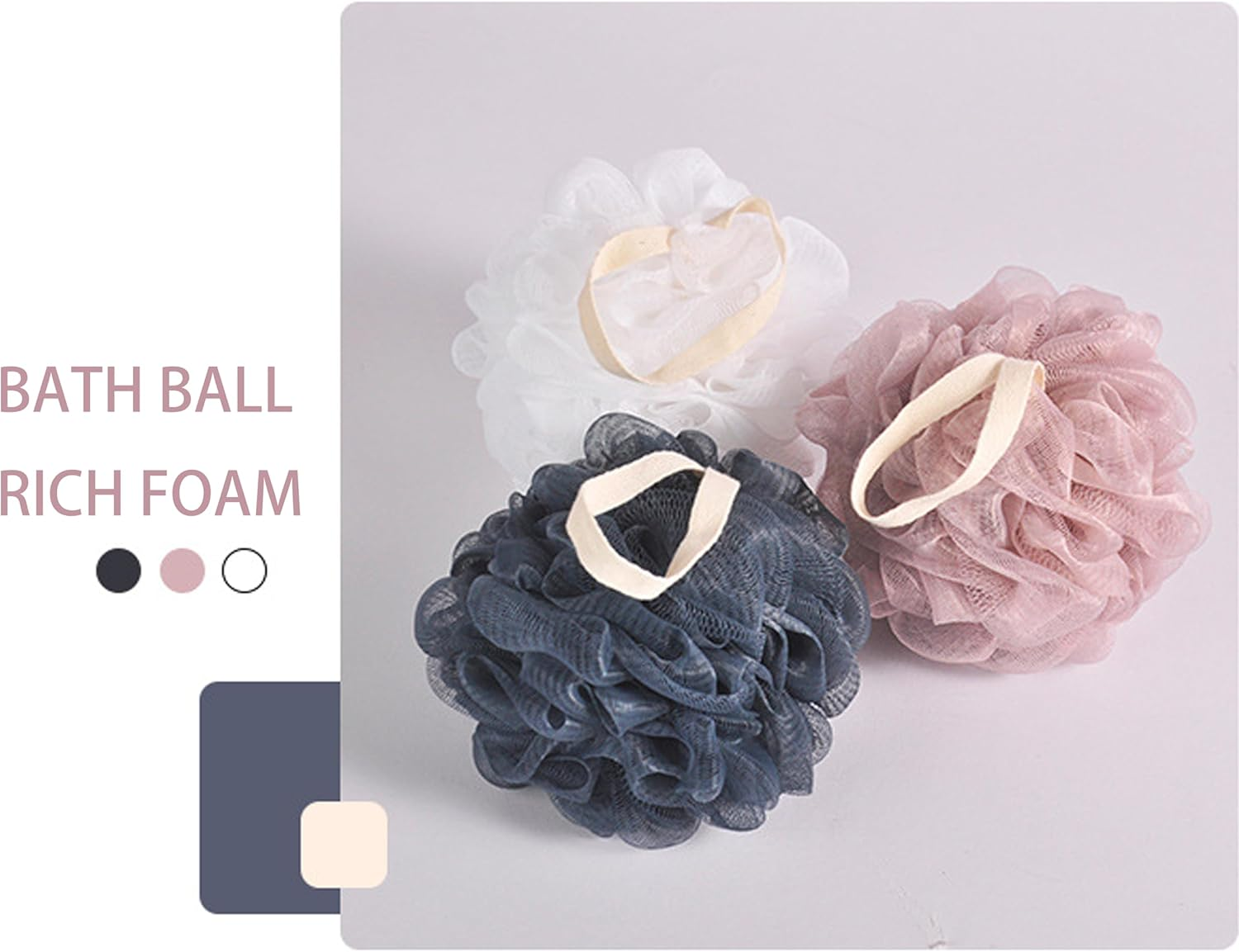 ADSEXY Bath Loofah Sponges, Mesh Shower Puffs, 50G Each, Pack of 3, White Pink Blue image number 2