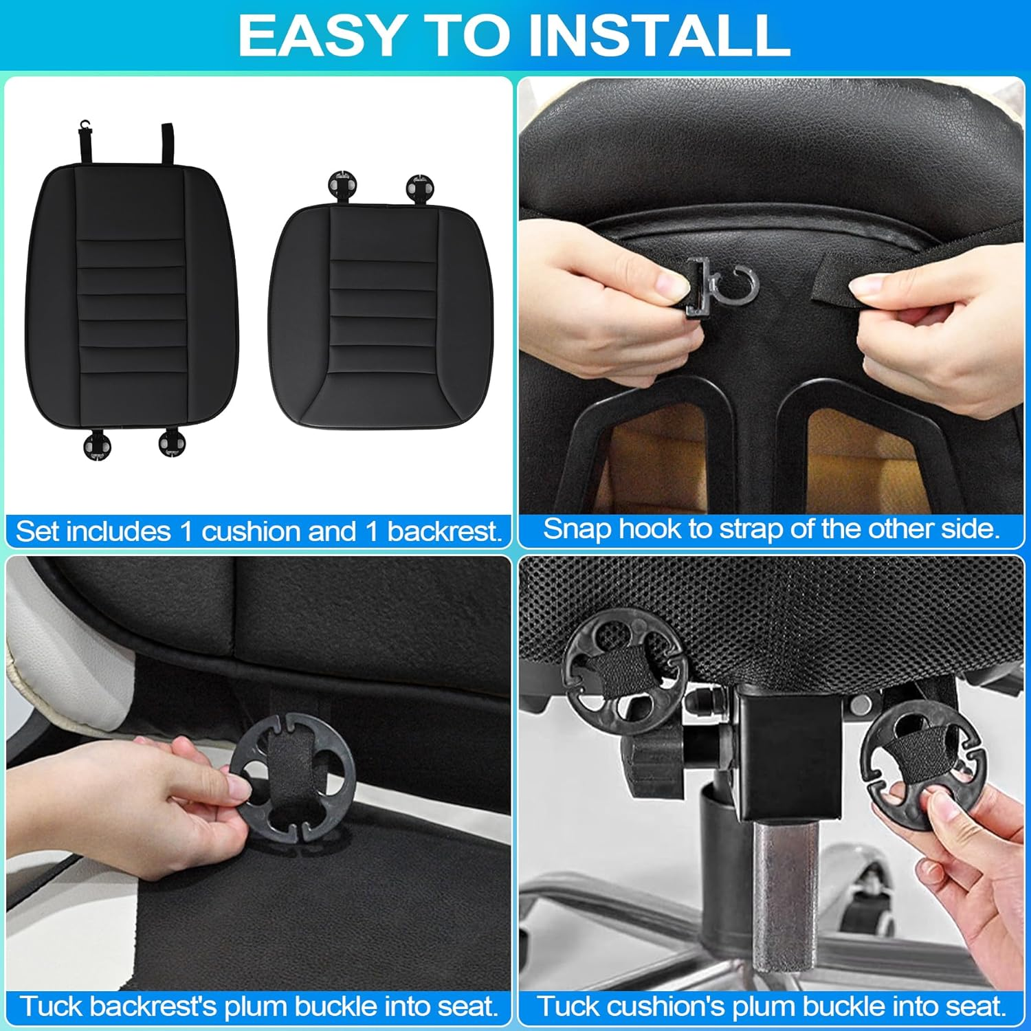 MYFAMIREA Car Seat Cushion and Back Support Pillow 1.2'' Thick Memory Foam Desk Chair Cushion Back Support for Automotive Seat Driver, Travel, Leg and Back Pain Relief, Washable, Adjustable, Black image number 5