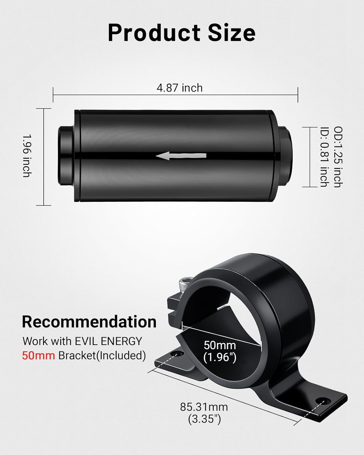 EVIL ENERGY Inline Fuel Filter 10 Micron with 6AN 8AN 10AN Adapter&Bracket Clamp 50MM Universal image number 2