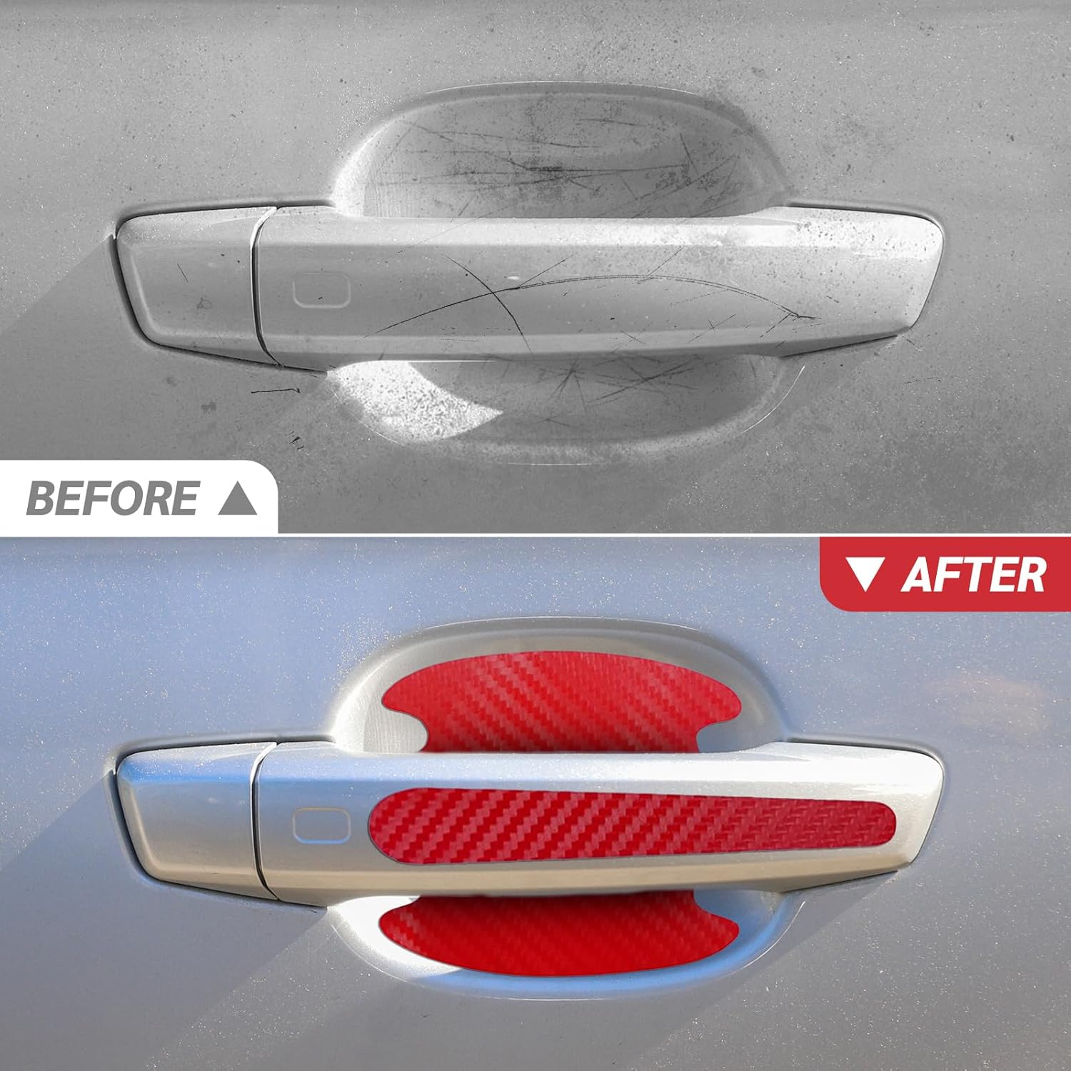 8PCS Carbon Fiber Car Door Handle Scratch Protectors, Universal Paint Guard Sticker for Door Handle Bowl, Fits Most Cars, Trucks, Suvs (Red) image number 2