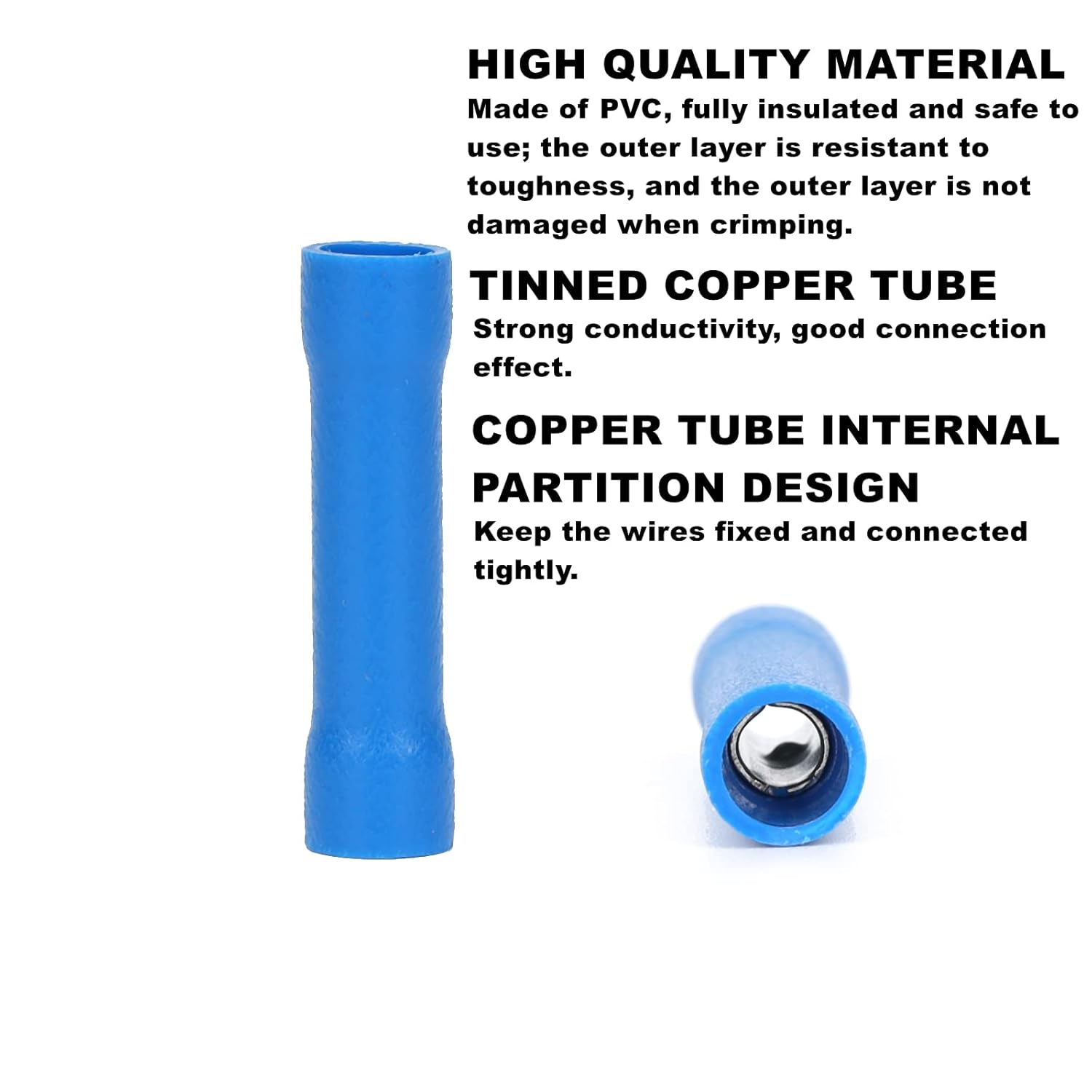 50Pcs Blue 27A AWG 16-14 Crimp Copper Tube Butt Connector, Insulated PVC Terminals for Wire Cable, Car, Family,Electrical (Blue) image number 5