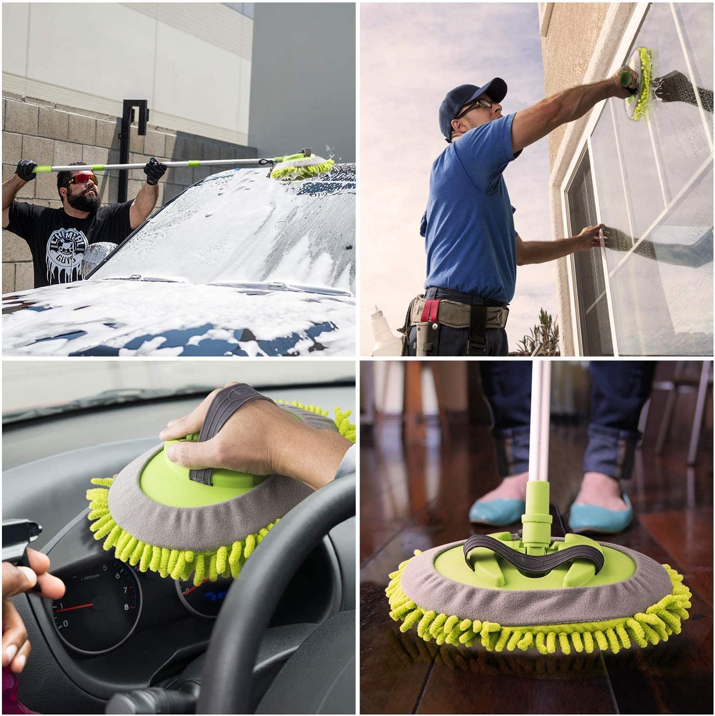 Bluefire 2 in 1 Car Wash Mop Mitt Chenille Microfiber Car Wash Brush with 44.5" Long Handle, 180&deg; Rotation Cleaning Tool Brush Duster for Truck RV Bus(Green) image number 2
