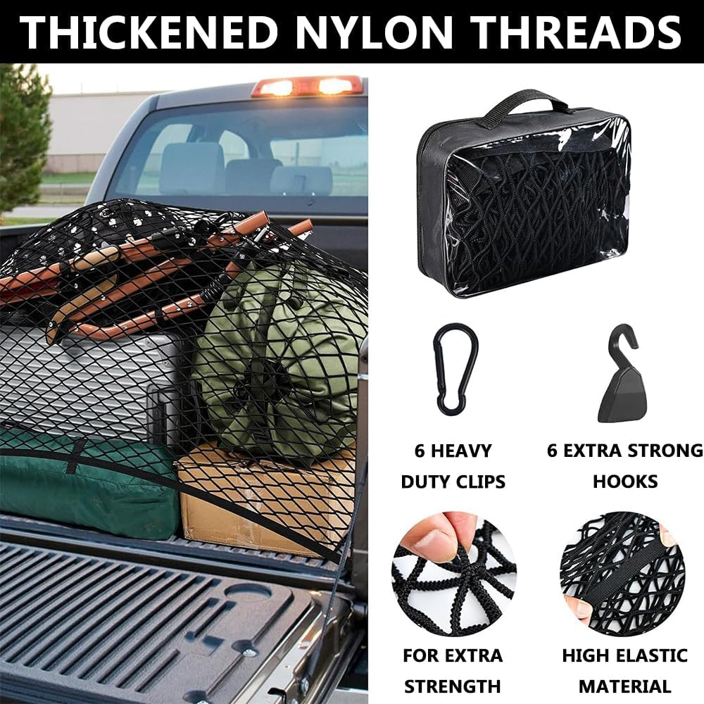 Cargo Net for Pickup Truck Bed, Truck Bed Net, Highly Elastic Cargo Nets, Stretchable Mesh Organizer for Pickup Trunk Beds, Truck Cargo Nets with 6 Pcs Metal Carabiner and 6 Hook