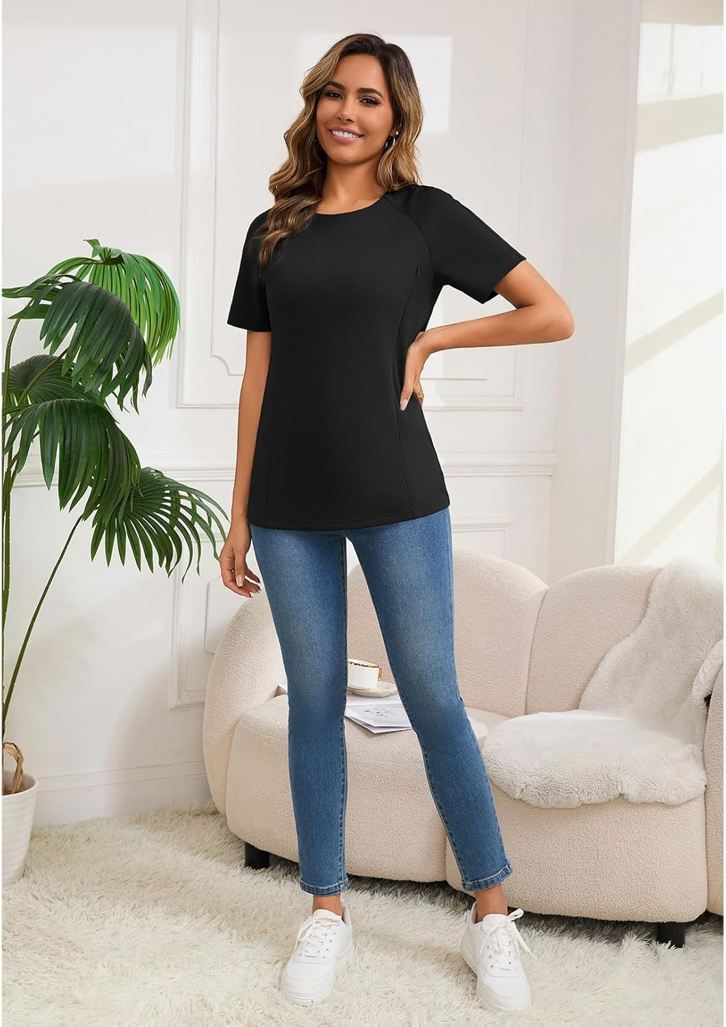 GINKANA Nursing Tops Breastfeeding Tshirt for Women Mama Zipper Distressed Loose-Fit Tee Pregnancy Clothes