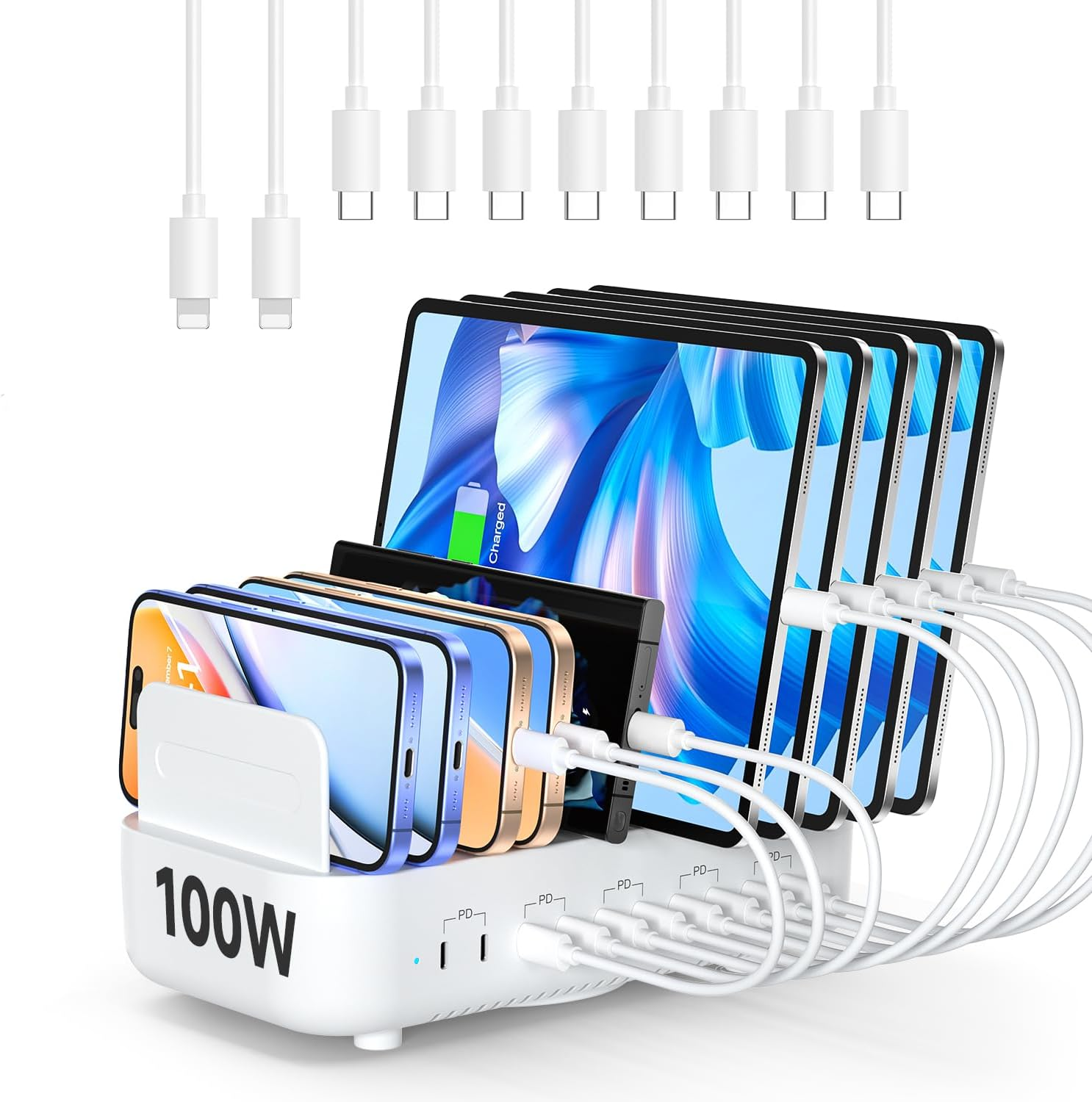 Soopii USB C Multi Charging Station,100W 10-Port Type C Fast Charger Station for Multiple Devices with Adjustable Dividers, Charger Organizer Compatible with Phone, Tablet,Kindle and More(Black)